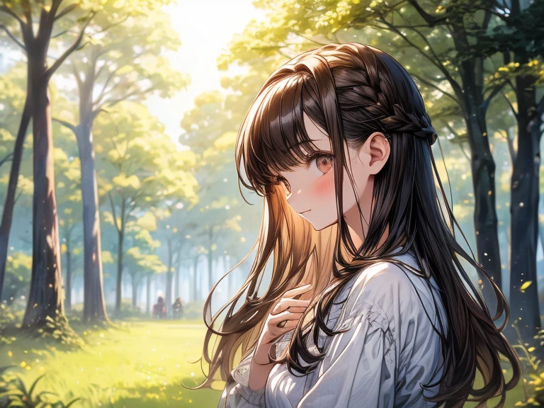 Beautiful and timid girl in 2D, cute and brown hair, listening to music in a grass and trees and the background that is blurred and that it is daytime with sun and relaxed atmosphere