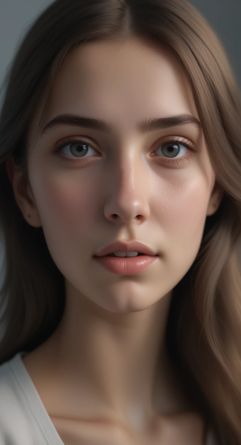 high quality, Best quality, photorealistic, raw photo, realistic, Ultra real 8K computer graphics, ultra detail, a high resolution, masterpiece, 1 girl, 15,5 years, Woman's beautiful face, Soft face, elegant, long hair, Blue eyes, Light Blue eyes, Close-up, complex parts, detailed textures, small parts, front side , female natural body, sexual, very beautiful young female face,