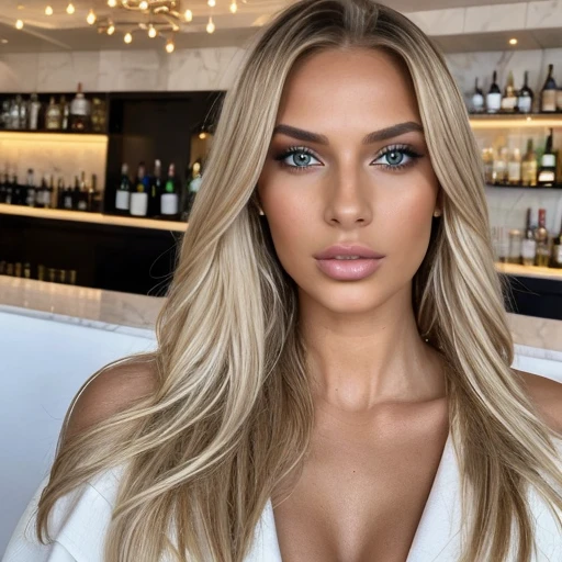 seed 3258700984 at the luxury bar, she drinks champagne, white girl, make her skin lighter, big full lips, beauty style 2023, she is 23 year old instagram influencer, blond hair