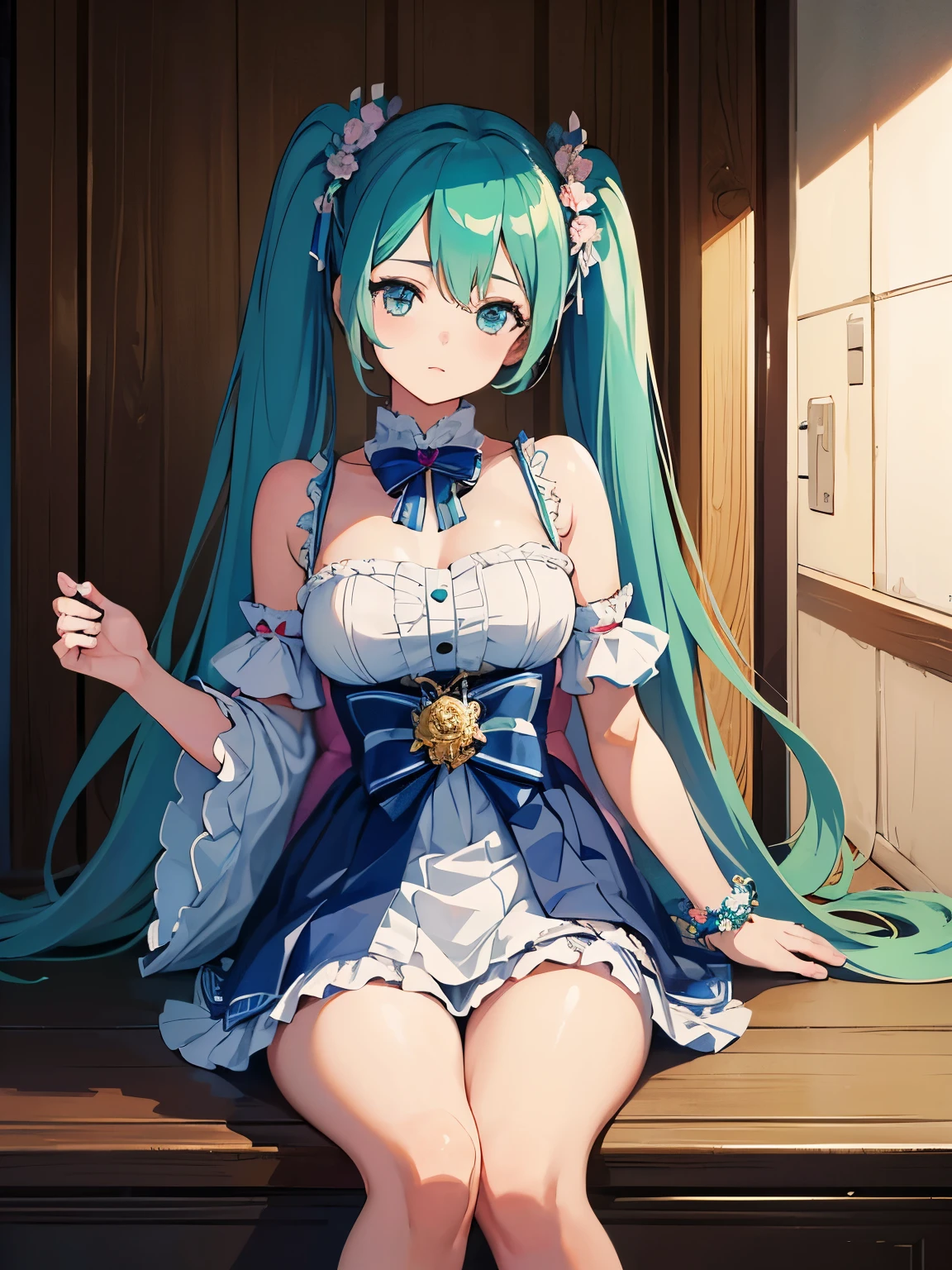 (masterpiece、highest quality、highest quality、Official Art、Beautiful and beautiful:1.2)、(One girl:1.3)Hatsune Miku、Twin tails,Big Breasts,Realistic, highest quality, masterpiece, Absurd, Very detailed, Depth of written boundary, Cure Gelato, One girl, 14, whole body, Lion&#39;s Ears, Lion&#39;s Tail, Blue long hair, Wavy Hair, tooth, smile, skirt, shirt, Blue single thigh high, gloves, jewelry, Jacket, choker, Crown, Open your mouth, Claw Pose,