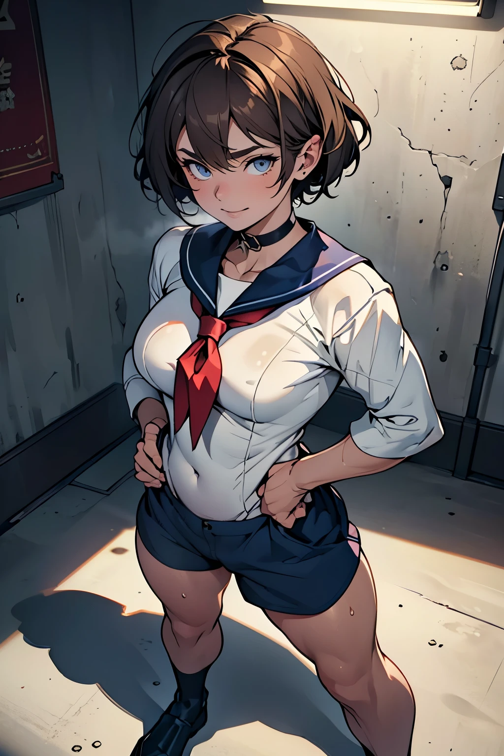 (High definition CG Unity 8k wallpaper). (masterpiece). (Highest quality). (Ultra definition). (Best illustration). (Best Shadow). (Absurd). 15 year old femboy. It's embarrassing. Sweat. steam. stare. Bob cut hairstyle. brown hair. Sailor suit. Navy shorts. Upturned eyes. , glowing fluorescent lights. Full body portrait. femboy. smile.