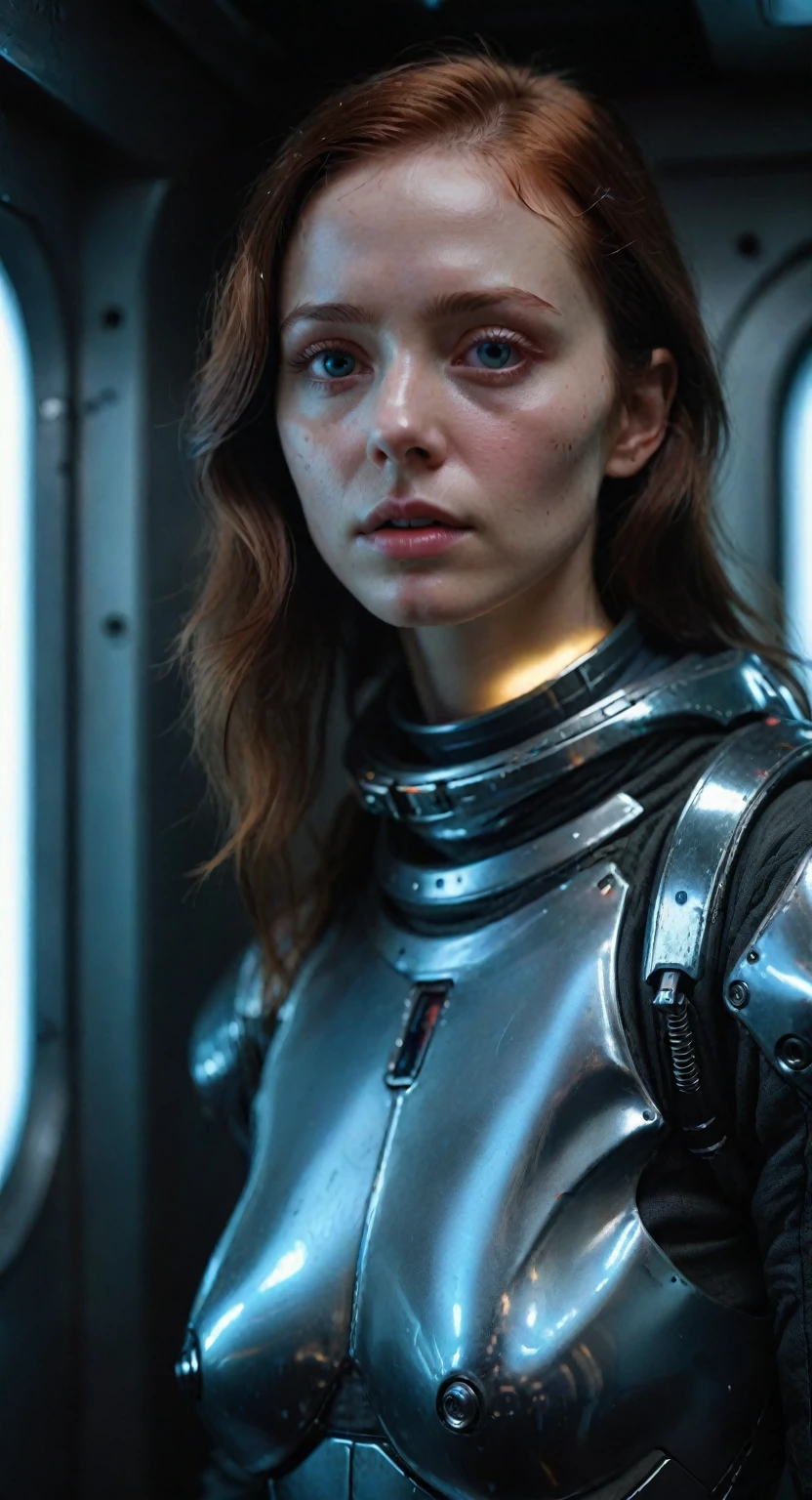 (high quality,4k,8k,masterpiece:1.2),ultra-detailed,realistic,sci-fi,portrait,blurry background,studio lighting,vivid colors,metallic textures,shiny space suit,lonely atmosphere,lost in space,detailed face expression,long eyelashes,curious gaze,hypnotizing eyes,lost in thoughts,confined corridor,spaceship interior,futuristic lighting,eerie ambiance,reflective surfaces,transparent glass window,cosmic views,hauntingly beautiful,unrealistic complexion,hyperrealistic skin,pale and flawless skin,natural makeup,uncanny valley effect,intense emotions,abandoned feeling