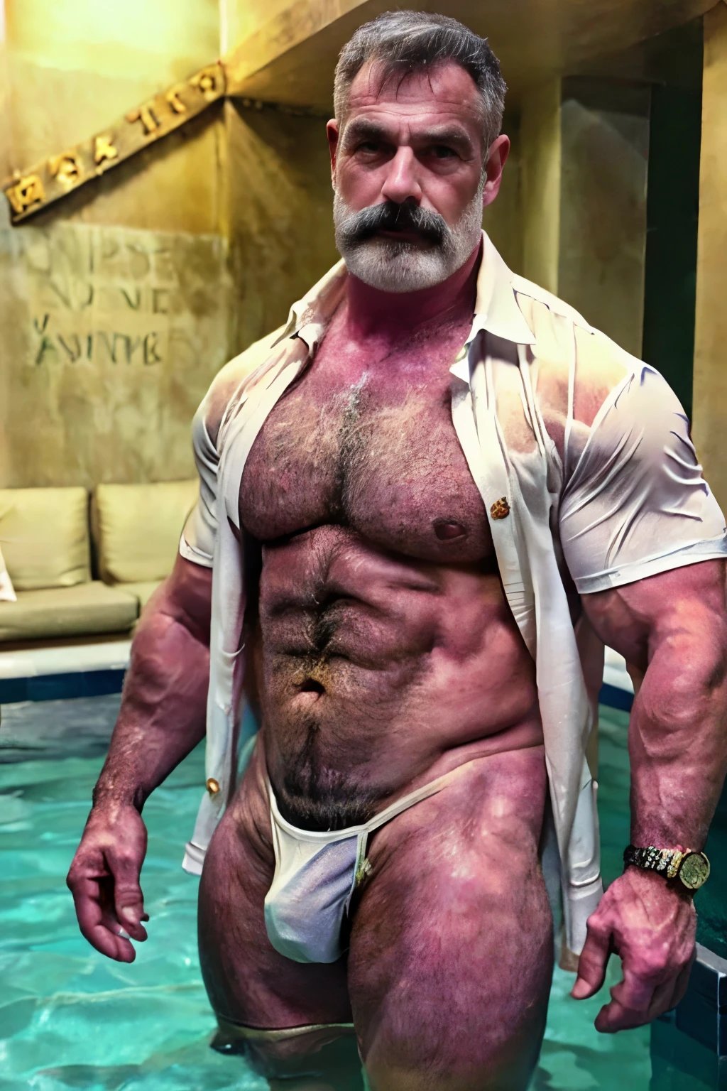 age 60, white man police detective with a mature, kind demeanor, strong and muscular yet chubby build, mustache, wearing a buttoned-open shirt, wet see-through shirt, hairy chest, giving off a hint of a horny yet disgusting aura, completing the look with comfortable loafers, underwear showing(female panties), nice bulge, nicebulge, 