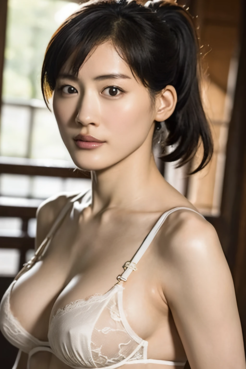 1girl,((female)),(25yo:1.3),(japanese,cool beauty:1.2),(photo realistic,perfect anatomy:1.3),(hyper detailed, masterpiece:1.2), best quality,RAW photo, exquisite, beautiful ,((Cowboy Shot)),sharp focus, depth of field ,blur background, bokeh ,Lens Flare, Ray tracing,Cinematic lighting,((large breasts)),(sexy lingerie,amazing artwork of lingerie:1.2),sexy posing,Half Smile,Medium Hair,Lower Ponytail,black hair