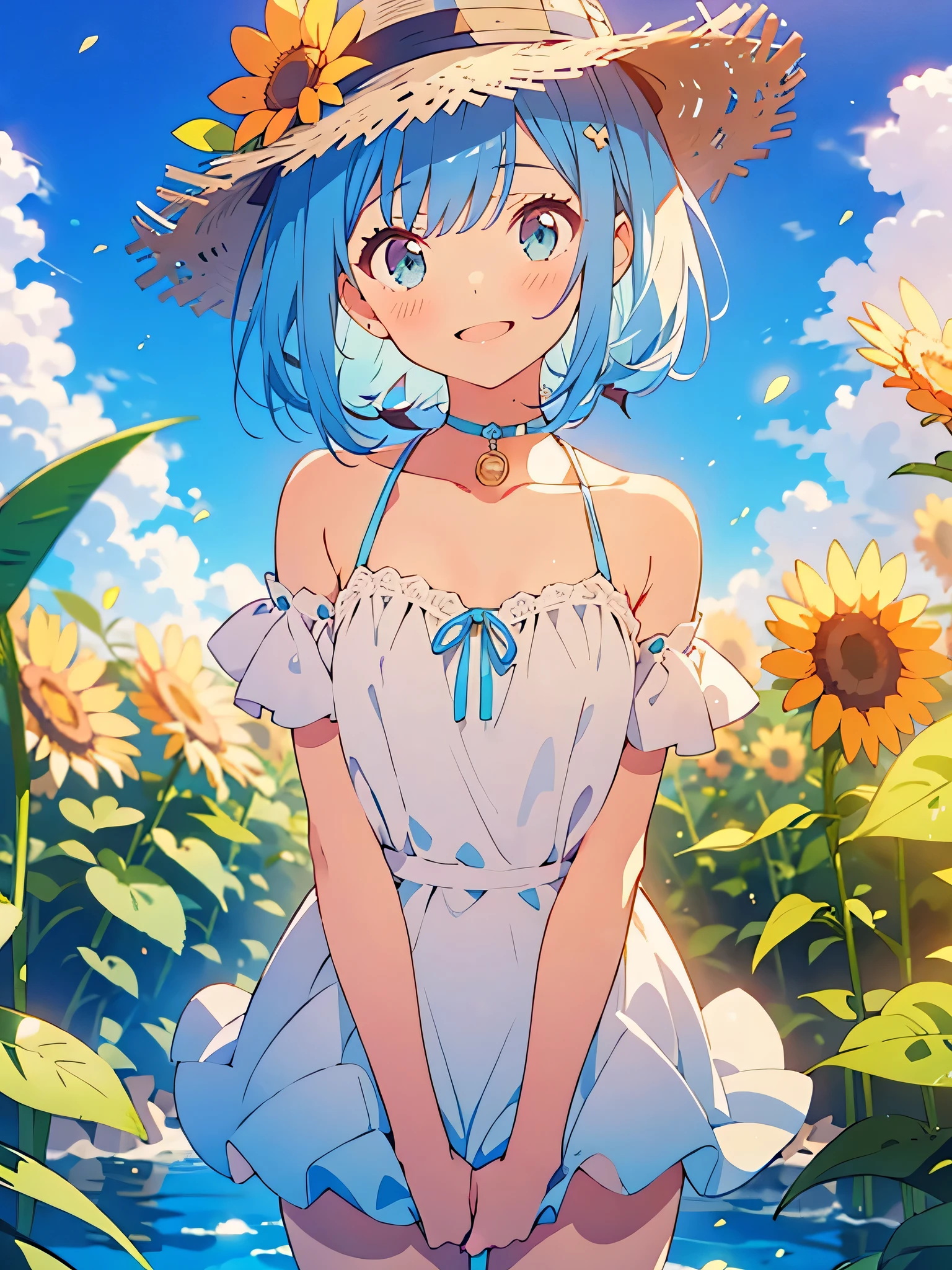 NSFW:1.4,masterpiece, best quality, (((color trale))),looking at viewer,aquamarine image,((short stature))
1girl, solo, open eyes,smile, standing,shoulder cutout, dress,((((blue hair)))),blue panty,green eyes,grim eyes, pigtail, blush, shortcut hair, white dress, clothing cutout, bangs, necklace, blurry, hand between legs, aquamarine background, between legs, bow, facing viewer, small breasts, bare shoulders, straw hat, day, collarbone, hair bow, short sleeves, feet out of frame, ribbon,depth of field, hair over shoulder,day, sky, aqua field,water,bright sky,sun flower,(((pick a condom))),