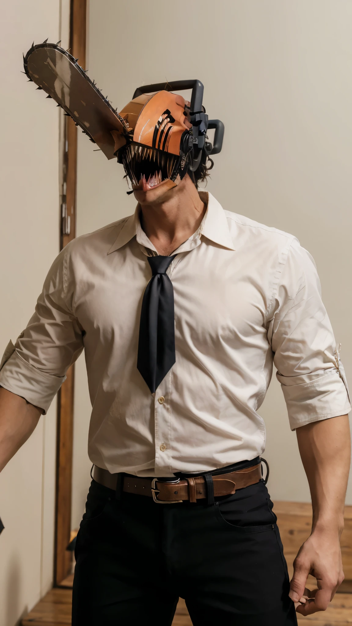 masterpiece, best quality, cowboy shot, solo, male focus, 1boy, head (chainsaw man), sharp teeth, tongue, white collared shirt, black necktie, sleeves rolled up, black pants, belt.