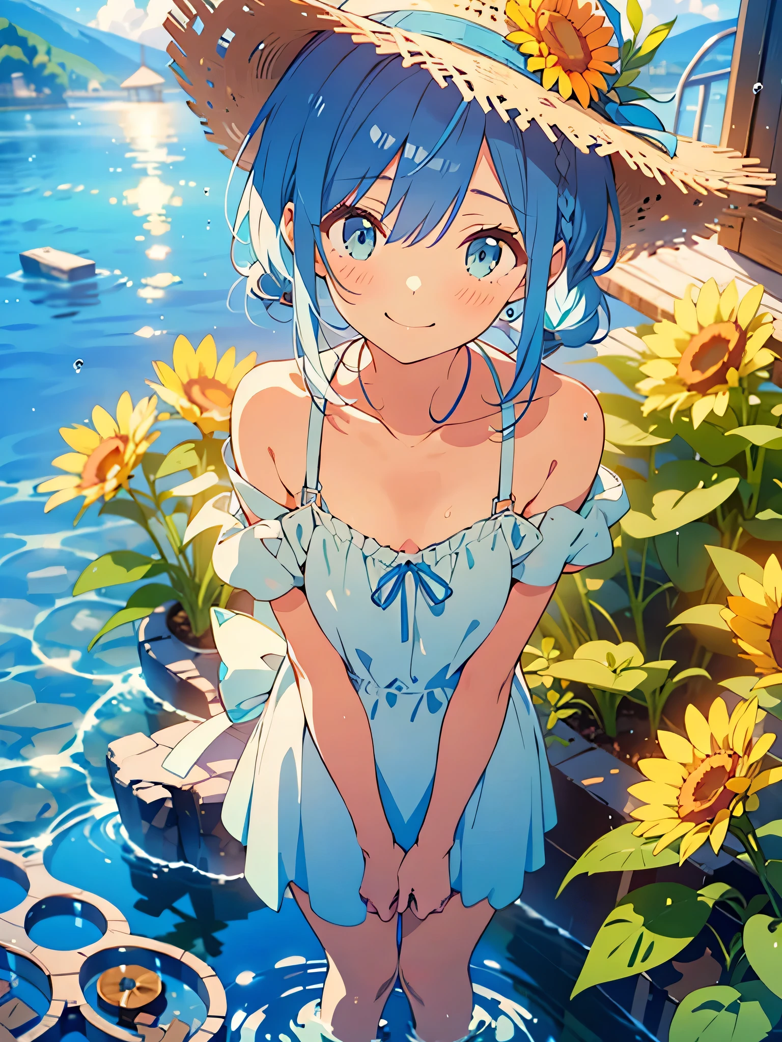 NSFW:1.4,masterpiece, best quality, (((color trale))),looking at viewer,aquamarine image,((short stature))
1girl, solo, open eyes,smile, standing,shoulder cutout, dress,((((blue hair)))),blue panty,green eyes,grim eyes, pigtail, blush, shortcut hair, white dress, clothing cutout, bangs, necklace, blurry, hand between legs, aquamarine background, between legs, bow, facing viewer, small breasts, bare shoulders, straw hat, day, collarbone, hair bow, short sleeves, feet out of frame, ribbon,depth of field, hair over shoulder,day, sky, aqua field,water,bright sky,sun flower,(((pick a condom))),