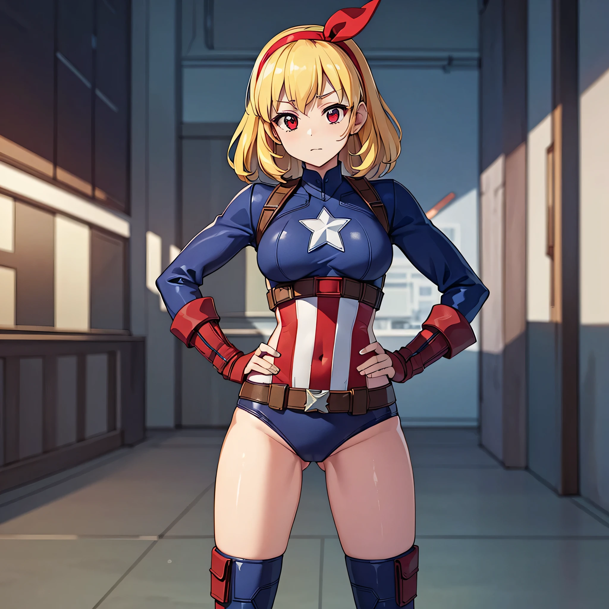 Blonde HAIR,(nsfw:0.7),(RED Ribbon on HAIRband:1.2),(Masterpiece, Superb Quality, Super Detailed, High Resolution), Female Focus, , (Captain America Suit), (Hands on Hips), (((Solo))), School, Background Detail, Full Body