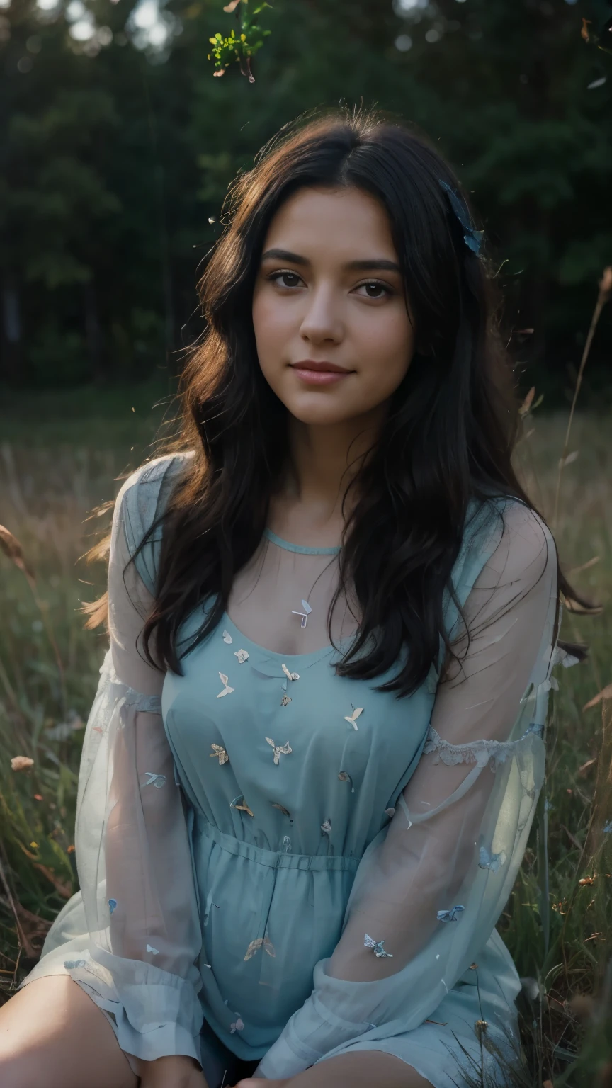 8k ,raw photo,(masterpiece), soft lights, ethereal, magical looking, a tall candid woman with soft curly black hair, brown eyes, sitting in a hill ,grassland, small grass, blue butterflies surrounding the girl, full body, illustration, night scene ,75mm,cute smile, camera shot from side