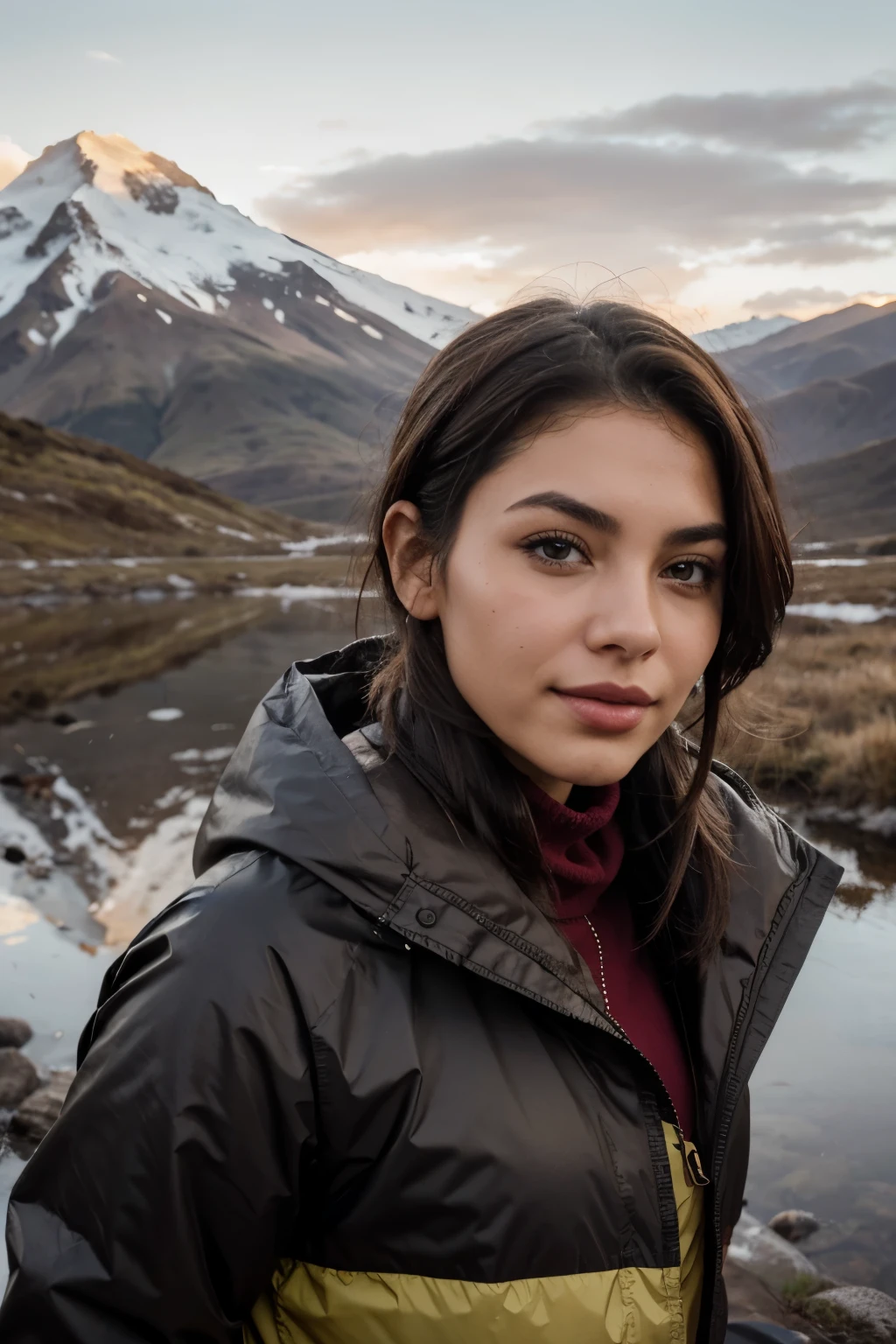 Christen Harper con una hermosa cara madura, tez oscura, short hair tied back, cejas grandes y tatuadas, Mirando directamente al espectador, brunette, senos extra grandes Representado de manera realista, usando una chompa impermeable north face para el frio que complementa su color de cabello, mostrando sus hombros y cuello, voluptuosa, con un bronceado acentuado y joyas elegantes, lipstick staining her lips, nariz definida, sonriendo, en el nevado Cotopaxi