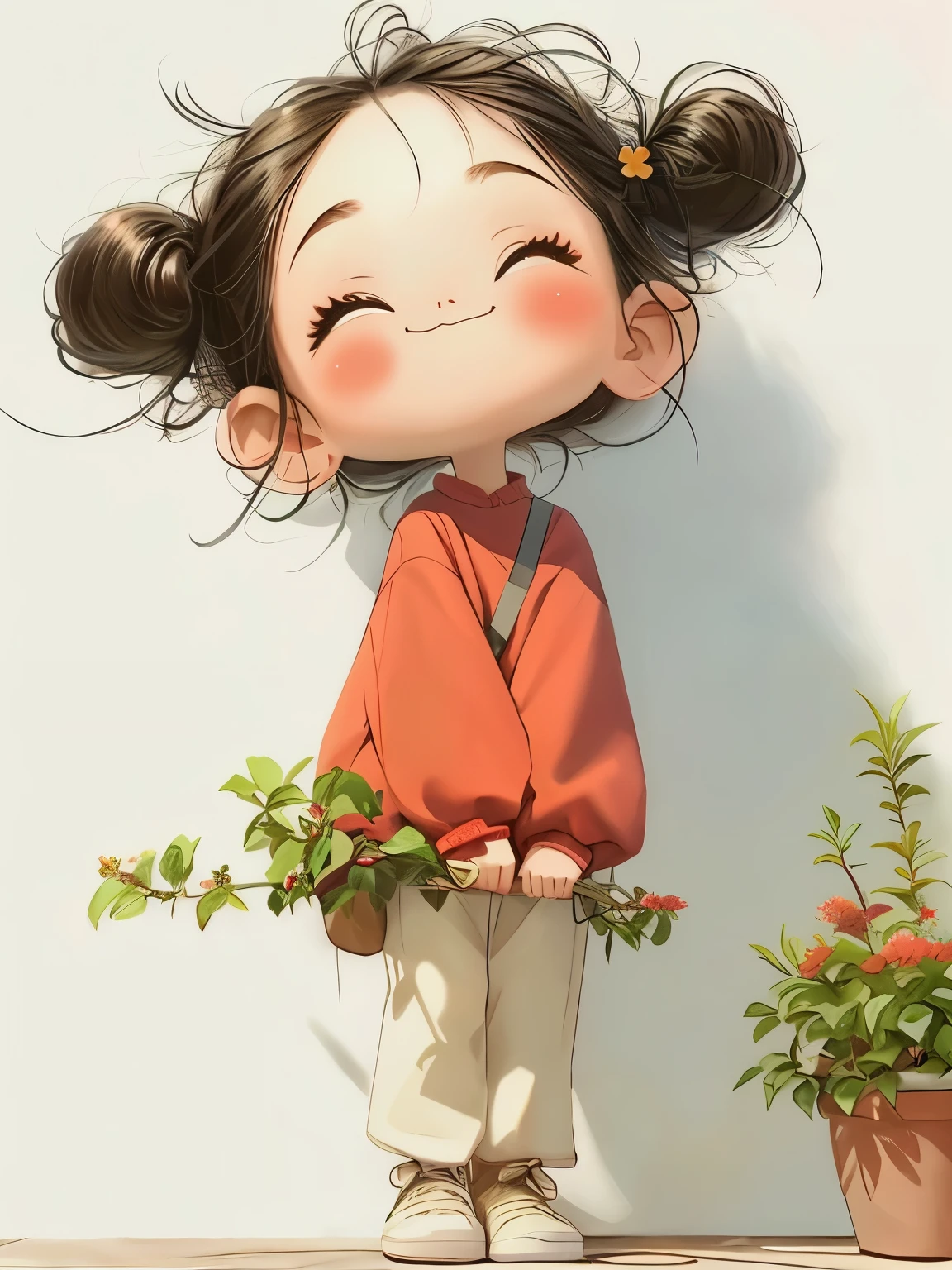 Cartoon girl with ponytail standing next to potted plants, Lovely digital art, Lovely数字, Lovely cartoon character, Lovely detailed digital art, realistic Lovely girl painting, Lovely character, Lovely art style, Lovely cartoon, cartoonish Lovely, Lovely cartoon style, Artwork in the style of Guweiz, 🍁 Lovely, Lovely kawaii girl, Lovely detailed artwork