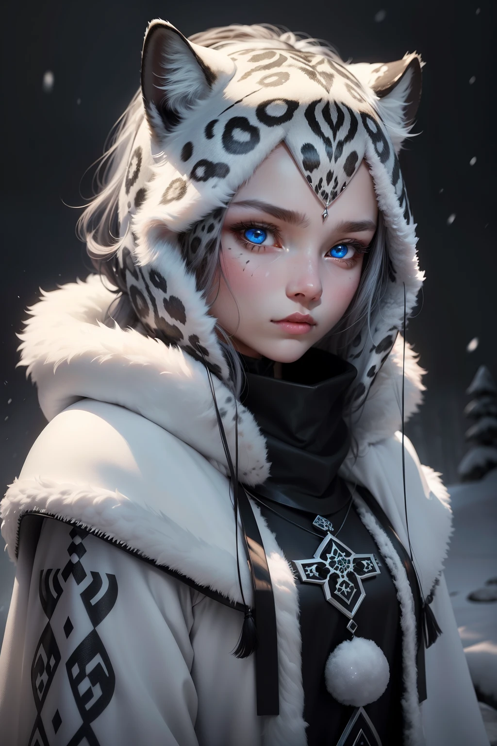 A solitary girl, clad in a white fur trimmed cloak, stands against the backdrop of an icy black expanse. Her long, cascading hair, the color of freshly fallen snow, frames her closed mouth and icy blue eyes. A striking, geometric facial mark adorns one side of her face, adding a hint of mystery to her enigmatic expression.

In the foreground, a snow leopard with prominent whiskers gazes intently at the viewer. The leopard's fur, a glistening blend of white and gray, shimmers under the moonlight, contrasting against the dark background. The depth of field focuses solely on the girl