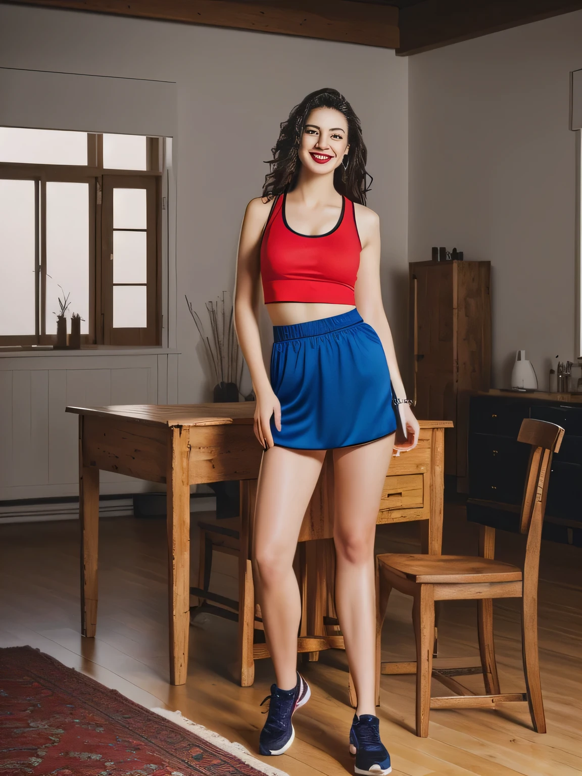there is a woman standing in a room with a table and chairs, side pose, red tank top and dark blue shorts, in shorts, side photo, tight photo, wearing gym equipment, side portrait, clothing photo, wearing tank top and skirt, with shiny skirt, tank top and sports shorts, dressed in tank top and shorts, high waist. A woman with white skin and dark hair, large and charming, seems to contain a world of wonders and her face is the definition of beauty, highly realistic, reddish skin, beautiful, slightly full lips, red lipstick, smiling, a feeling of lightness and joy , hyperrealism, very elaborate skin, full body photo, sharp photo, high quality, high resolution, masterpiece, high quality, high resolution (ultra quality masterpiece), Ultra HD, high contrast, masterpiece, high contrast, (photographically realistic) HD, high contrast, 16K Masterpiece: 1.3, high resolution, (photographically realistic), NUDE, NUDITY, NFSW.
