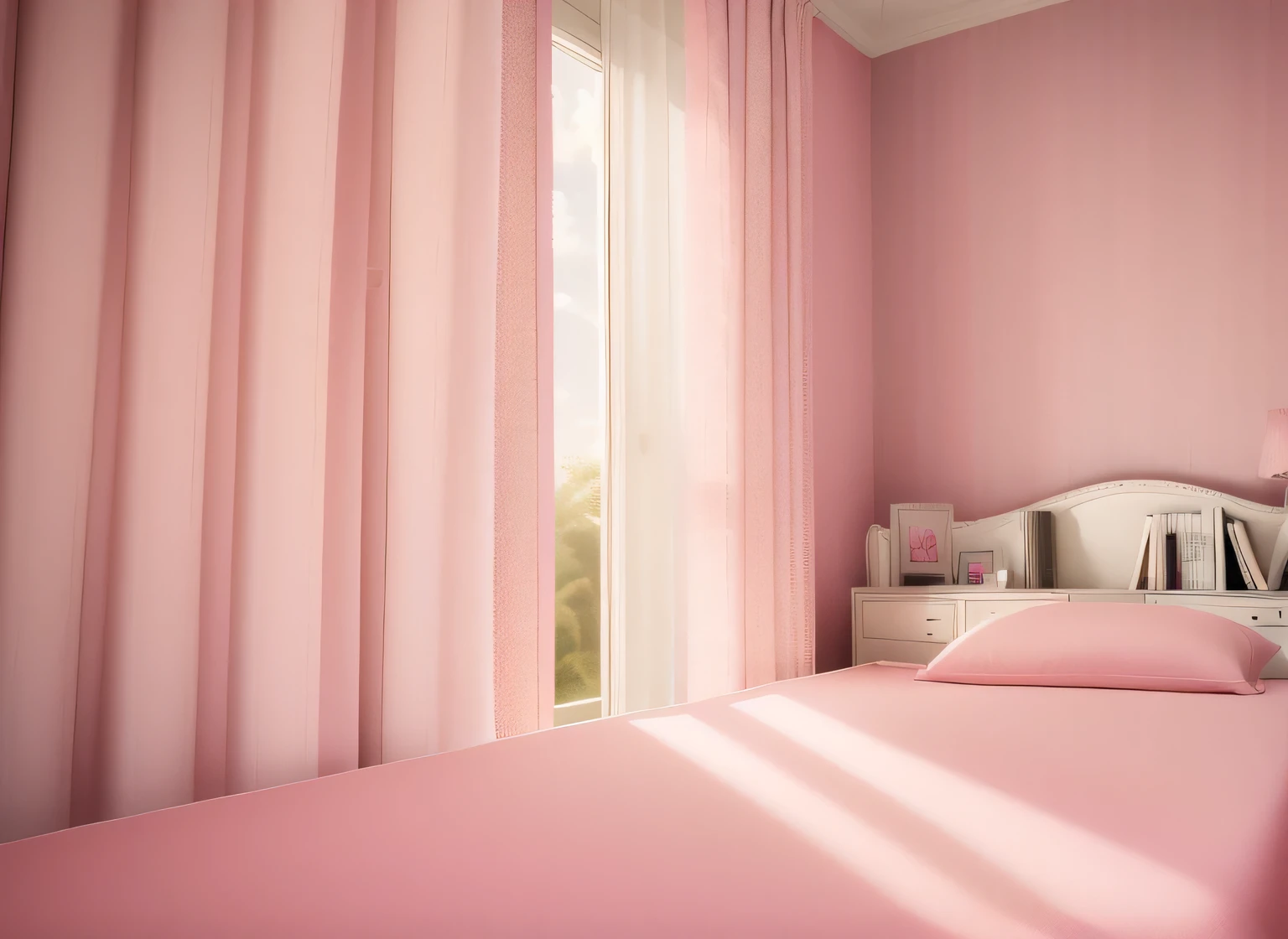 bed, curtains and a bookcase at the head of the bed in shades of pink