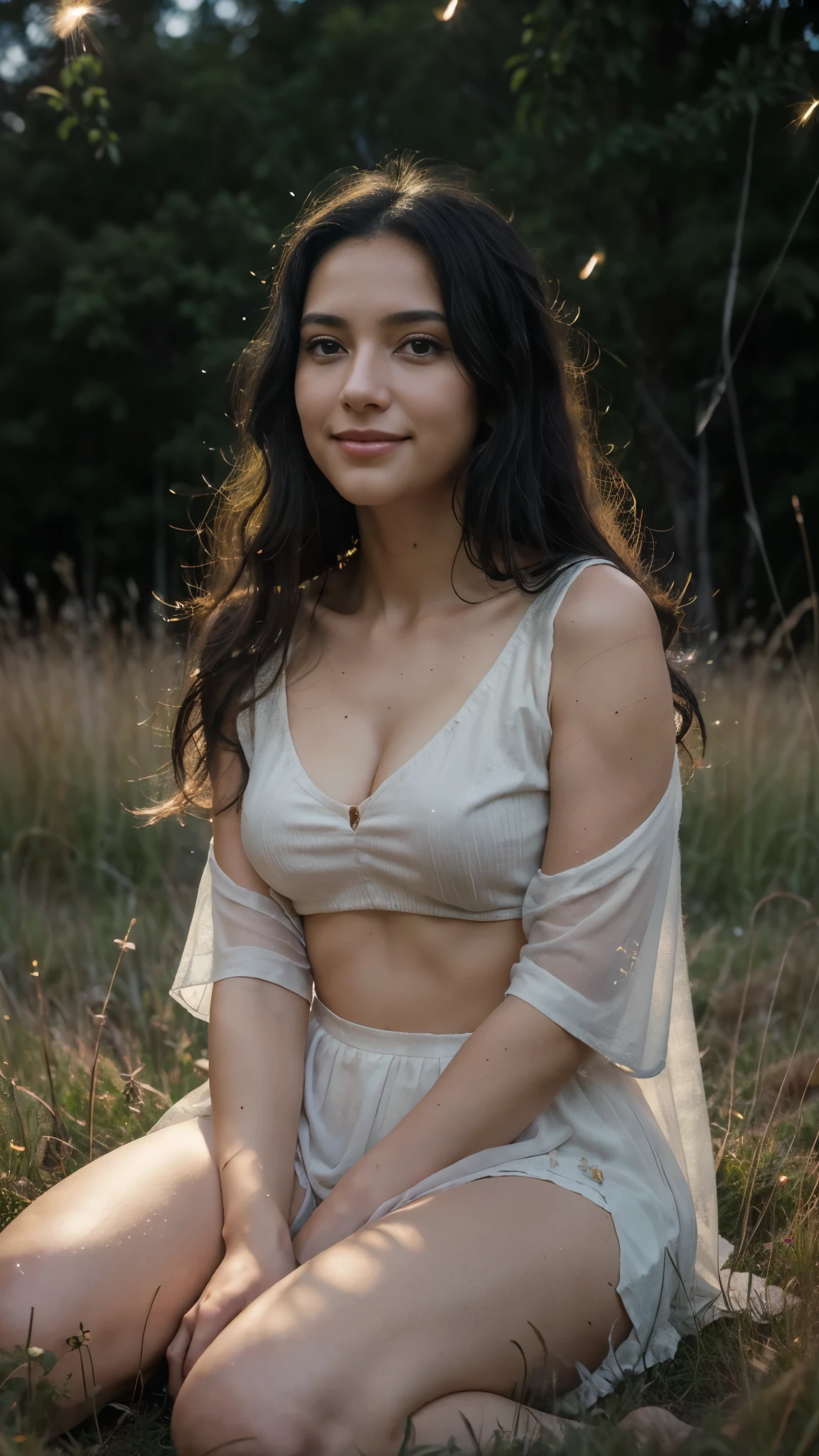 8k ,raw photo,(masterpiece), soft lights, ethereal, magical looking, a tall candid woman with soft curly black hair, brown eyes, sitting in a hill ,grassland, small grass, fireflies surrounding, full body, illustration, magical, light particles, fireflies, night scene ,75mm,cute smile, camera shot from side