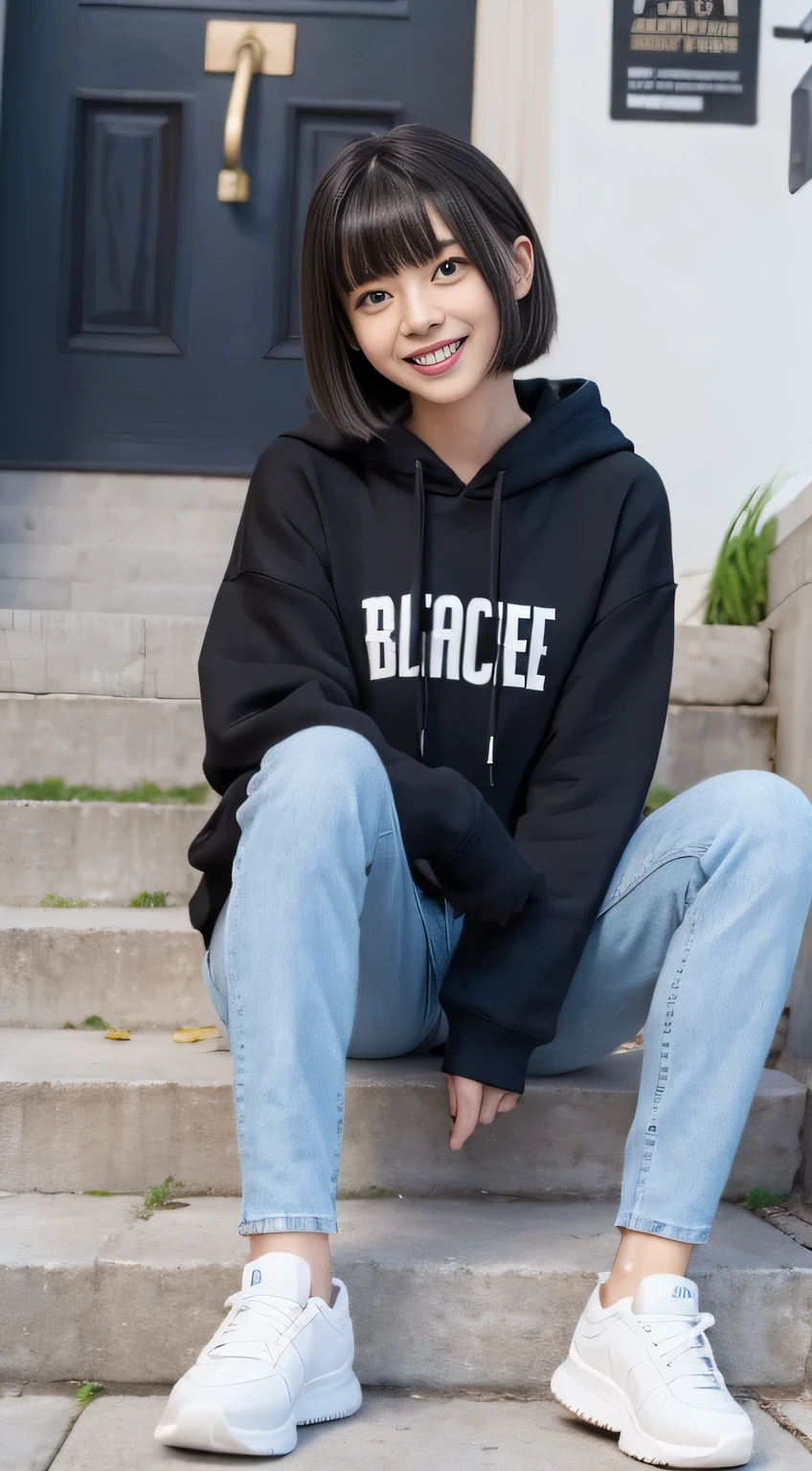 highest quality, Realistic, Very detailed, Finer details, High resolution, 8k wallpaper, One beautiful woman,Sit on the stairs、(Wear black socks)smile、(Beautiful teeth alignment、)(Gums are visible) Oversized hoodie, Skinny jeans,( Black sneakers)、Black Hair、 Beautiful Bangs、ear piercing、Perfect dynamic composition, Beautiful and detailed, Full Body Shot, A big smile