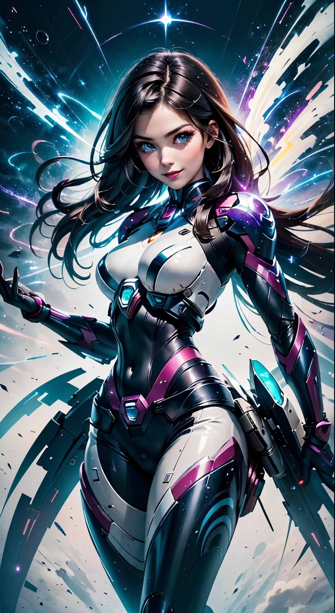(best quality, ultra-detailed, photo-realistic:1.37), bright and vibrant colors, studio lighting, playful expression, stylish makeup, long dark hair flowing in the wind, alluring eyes, glossy lips, action pose, Reploid, Cyberspace, Megaman X, Zero, smiling in a confident and seductive way, professional photoshoot, shallow depth of field, highlighting subject, soft natural lighting, dreamy and magical atmosphere.