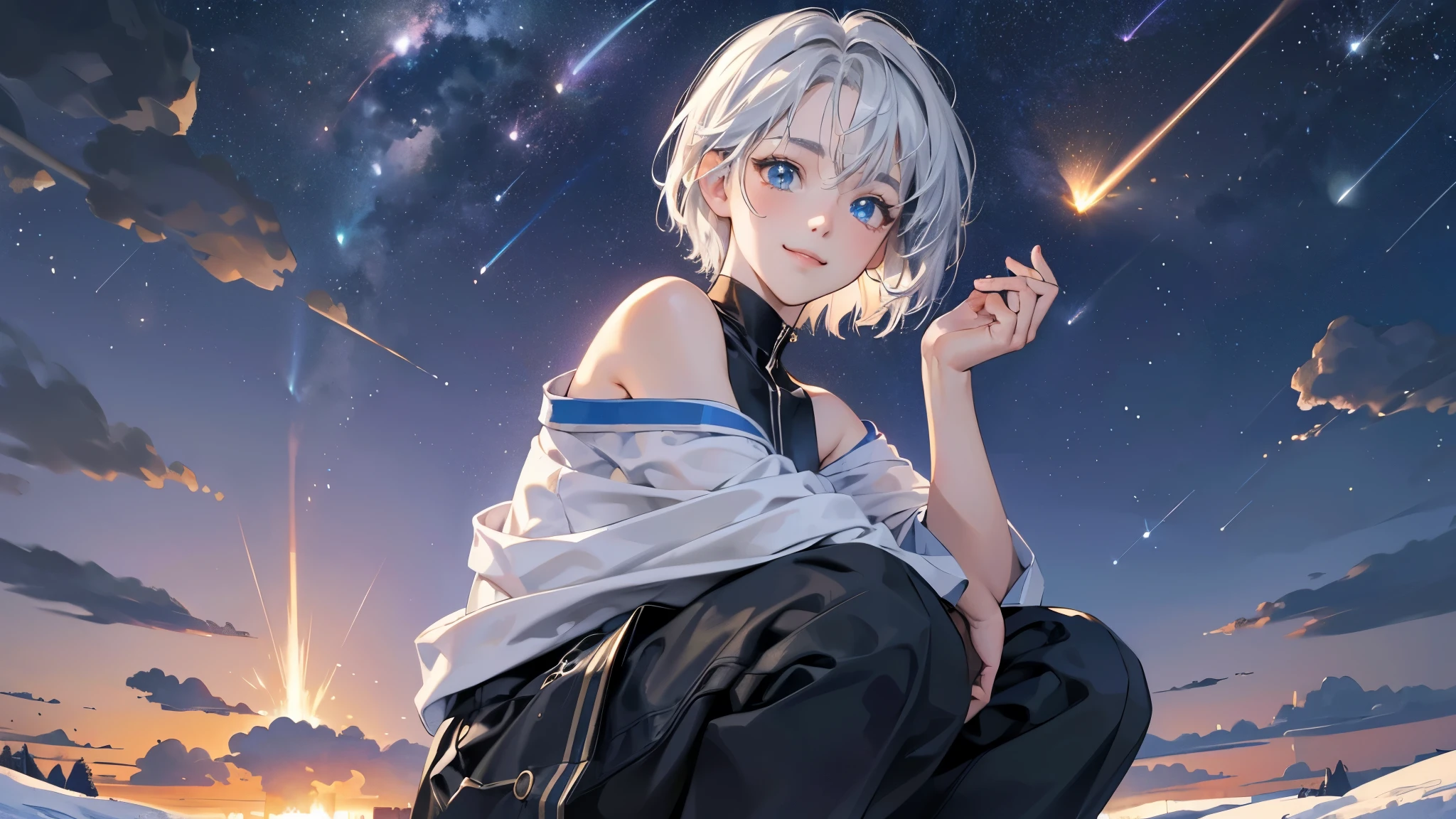 (perfect anatomy:1.2)(absurdres, highres, ultra detailed),masterpiece,best quality,high resolution,8k,Realistic face,Realistic skin texture,magnified textures, stunning clarity,detailed anime girl,(ultra detailed eyes and face), girl,silver hair,short cut,(happy:1.7),fair skin,jazzy dress,Shoulder Bare,,(Snowfield),(midnight),(blizzard),(Meteor shower:1.3),cowboy shot,(look down viewer:1.5),cowboy shot,squatting,(from below),innocent smile:1.3