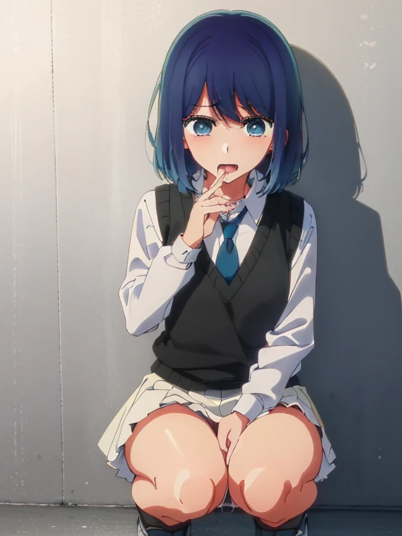 Beautiful lighting, One Girl, solo, Akane, White shirt, (((skirt)))，Sweater vest, Black vest, Blue tie, ((Anime Style))、((2D))、blush，Laughter、Open your mouth、Look forward，((Cotton panties with crotch))，(((skirtめくり, I can see your pants)))，squat，From below，squat，squat，(( Masturbating by touching the vagina with your fingers)), (( Masturbating by touching the vagina with your fingers)), (( Masturbating by touching the vagina with your fingers)), 