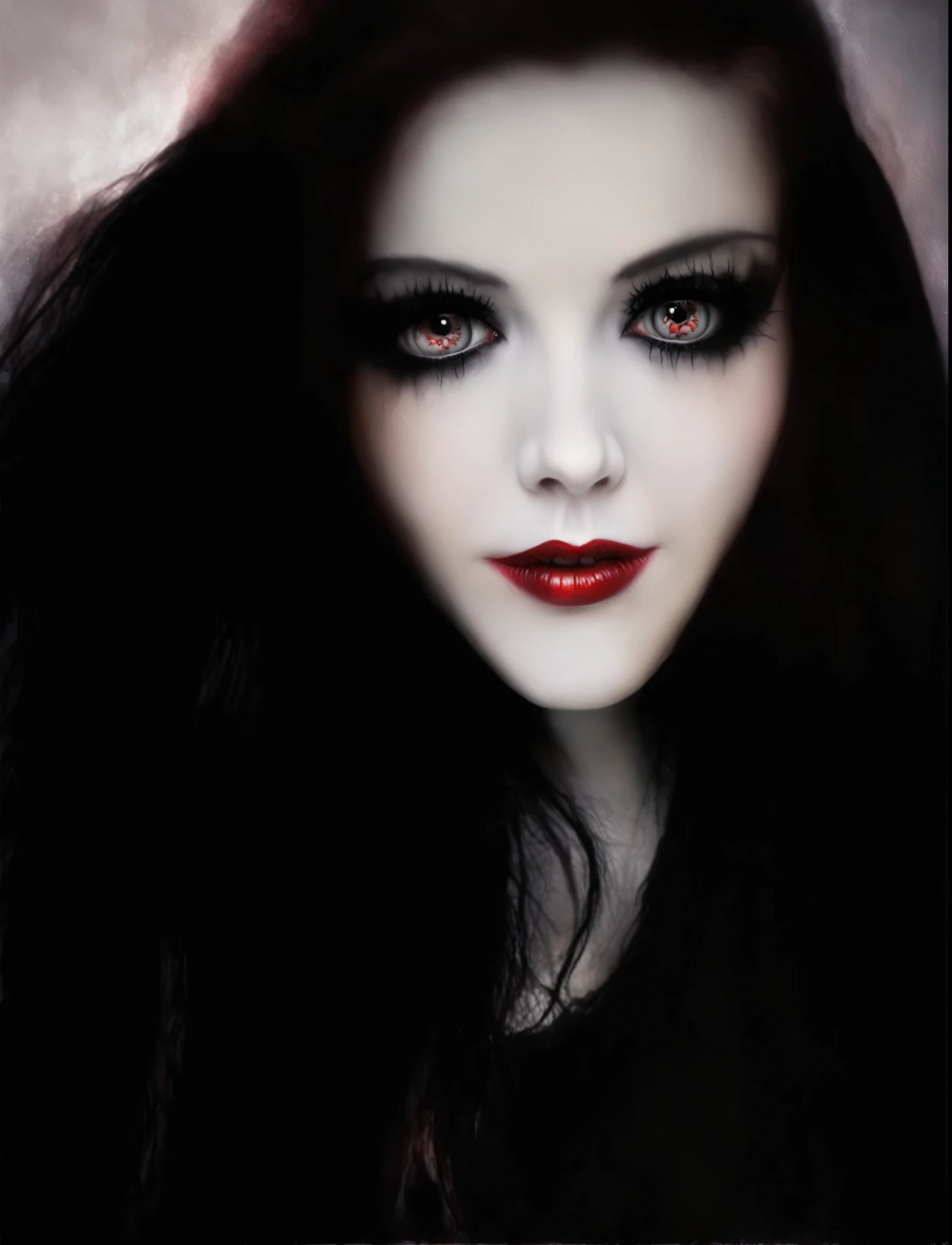 arafed woman with black hair and red lips and a white face, gothic girl face, pale skin and dark eyes, gothic face, cute face. dark fantasy, with haunted eyes and dark hair, beautiful female vampire, vampire girl, dark vampire, beautiful vampire queen, with black sclera eyes, gothic girl, vampire portrait, portrait of beautiful vampire, goth girl