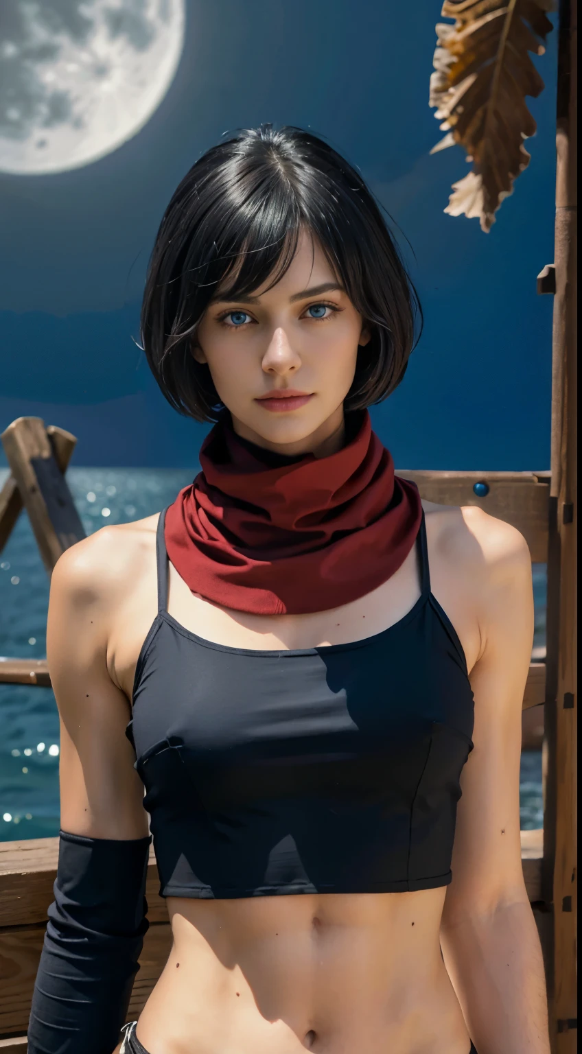 8K, Top Quality, Intricate Details, Ultra Detail, Ultra High Resolution, Masterpiece, random angle, mikasa ackerman, Slender, Smile, (Makeup: 0.4), (Fluffy Blue Eyes: 1.21), blue Eyes,, ((full body)), 1girl, solo, 1 girl, (( full body)), close-up shot, , , ((tall)), (((fit body))), (((slim face))), sharp face, sharp eyes, (((black hair, short hair, bangs )) ,(detailed face), sharp face, small lips, thin lips,
((red scarf, crop top, thigh strap)), detailed face, detailed breast, , large breast, detail, , Beautiful girl with accentuated slender abs: 1.4, Six Pack Abs: 1.4, Bust Botox, Big, Perfect Body, detail leg, (( moonlight)), ocean