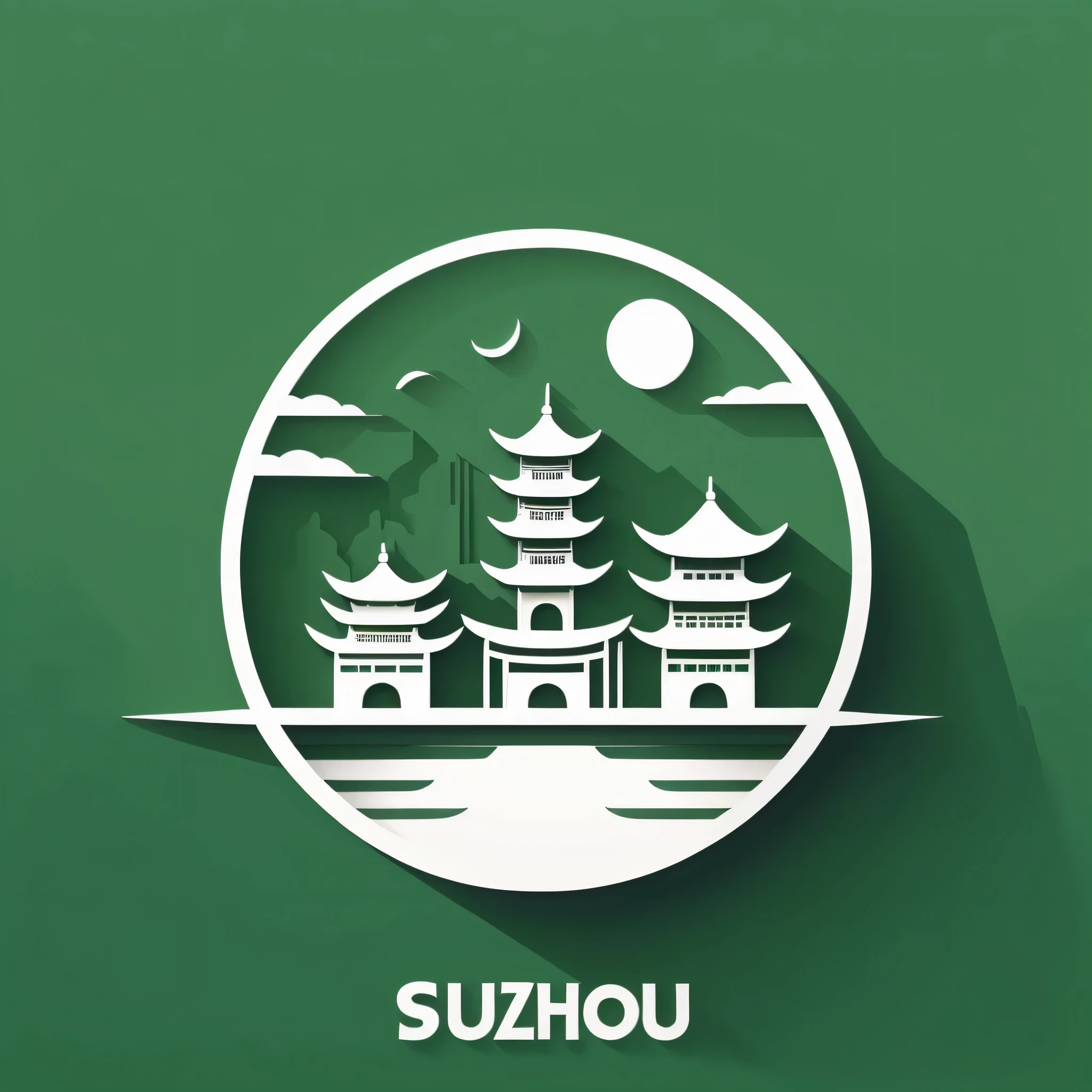 A stylized image,，Green as background，The word &quot;Suzhou&quot; is placed in the center in white simplified calligraphy style，The Minimalists，The left side shows a simplified modern building outline，Outline with white lines，The Minimalists，flat design