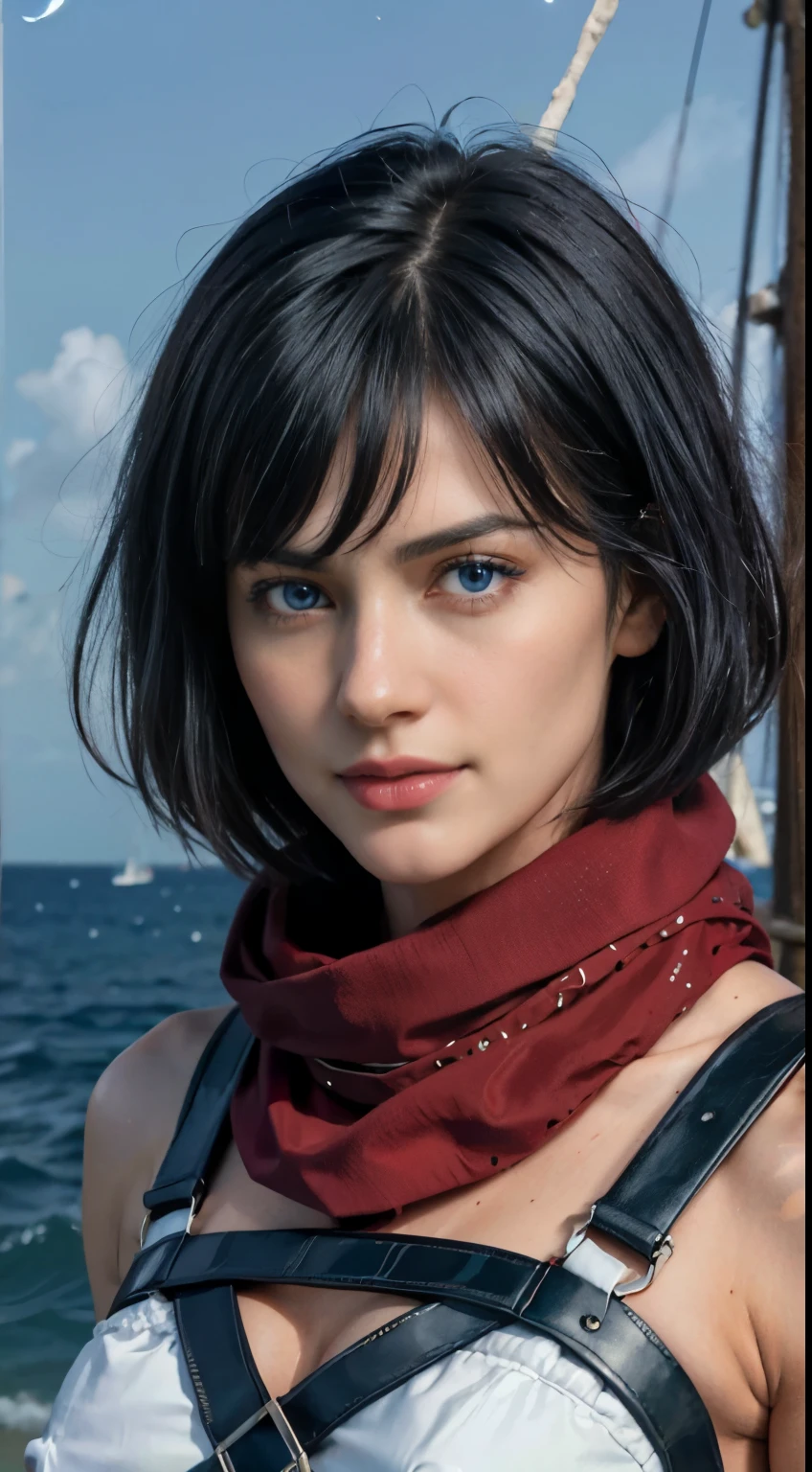 8K, Top Quality, Intricate Details, Ultra Detail, Ultra High Resolution, Masterpiece, random angle, mikasa ackerman,   Slender, Smile, (Makeup: 0.4), (Fluffy Blue Eyes: 1.21), blue Eyes,, ((full body)), 1girl, solo, 1 girl, (( full body)),  close-up shot,  , , ((tall)), (((fit body))), (((slim face))), sharp face, sharp eyes, (((black hair,  short hair, bangs ))  ,(detailed face), sharp face, small lips, thin lips, 
 ((red scarf, crop top, thigh strap)),  detailed face, detailed breast, , large breast, detail, , Beautiful girl with accentuated slender abs: 1.4, Six Pack Abs: 1.4, Bust Botox, Big, Perfect Body, detail leg, (( moonlight)), ocean