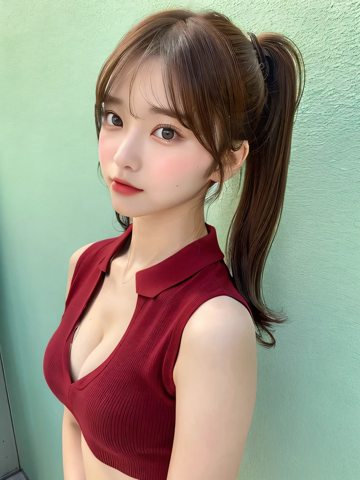 one person、whole body photos、Red polo shirt、Cleavage、Green mini skirt、fun、Blonde、、whole body、slender、woman、White drool coming out of the mouth、Twin tails、 Fair skin,Super cute、Soft and Face、Brown Hair、8k resolution、Surreal、Ultra high definition、 Soft Body、A-cup small breasts((Highest resolution、8k、masterpiece:1.3))、Ultra-fine face、Ultra Fine Lips、Beautiful Eyes、double eyelid,Slender figure、I can see your thighs、Shapely small breasts、Light blue wall