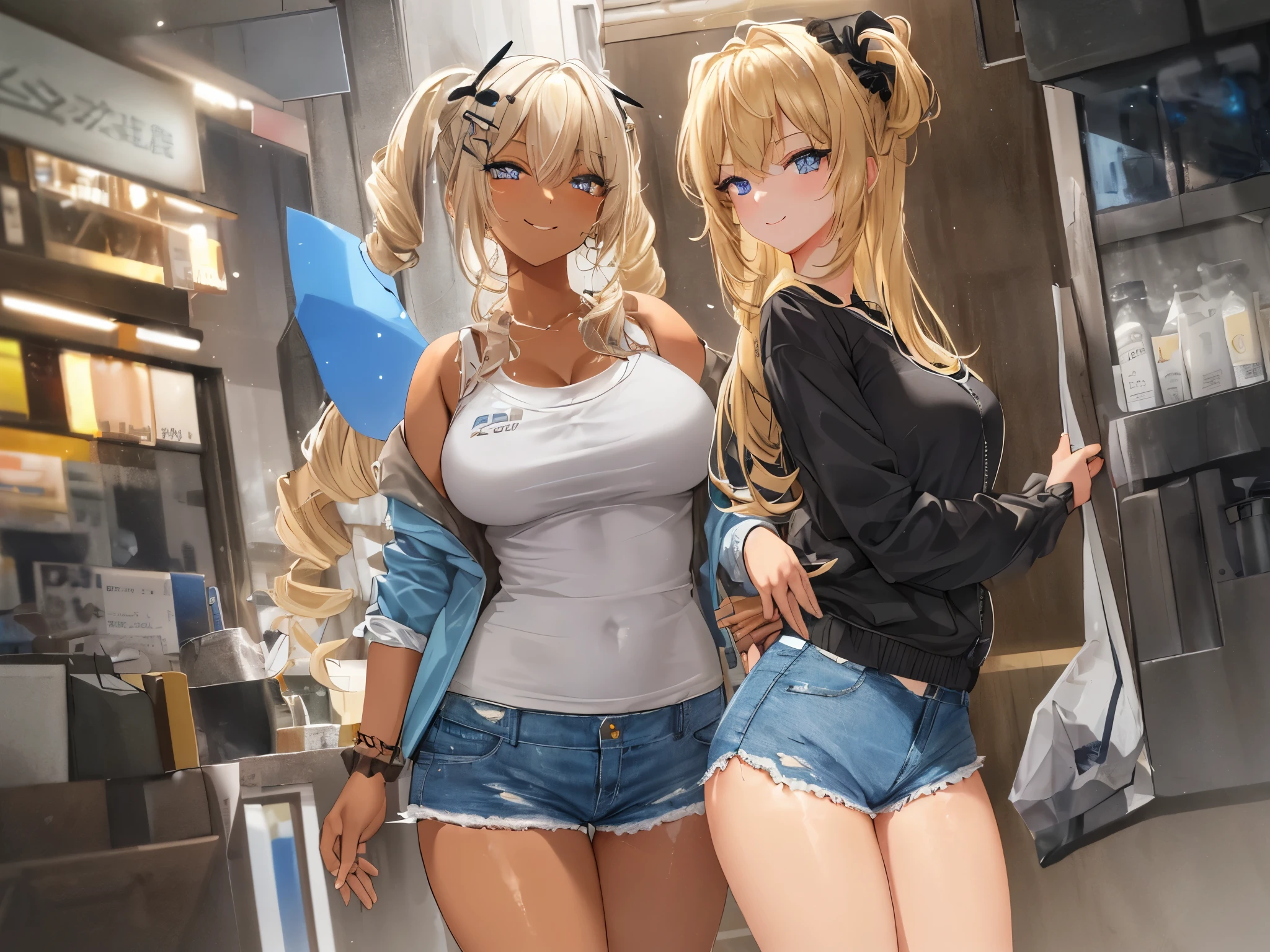 1 girl, Light blonde , thick bluish eyeshadow, thin eyebrows, thick black eyeliner, Highlighted eyes with eyeliner, false eyelashes,,(tanned skin:1.2),Scrunchie,(large breasts:0.5),,gyaru,smile,twin drill,Denim shorts,camisole,Urban area,Black jacket