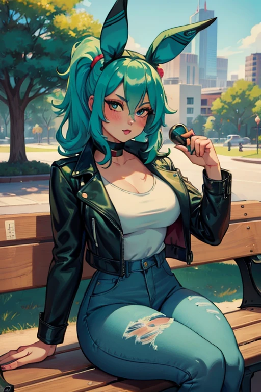 A light teal haired woman with one red eye and one green eye with an hourglass figure with light teal bunny ears wearing a leather jacket and jeans is blushing on a park bench