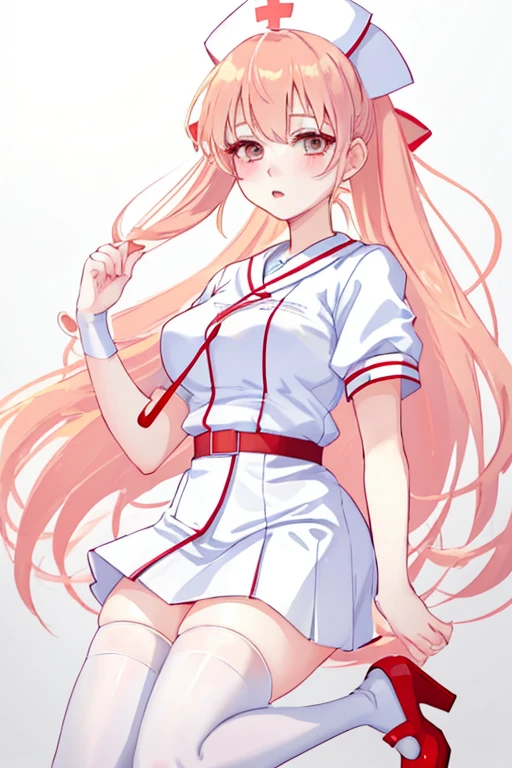 (best quality,ultra-detailed),Hinata in a nurse costume,white stockings,anime,cosplay,red high heels,aesthetic lighting,soft colors