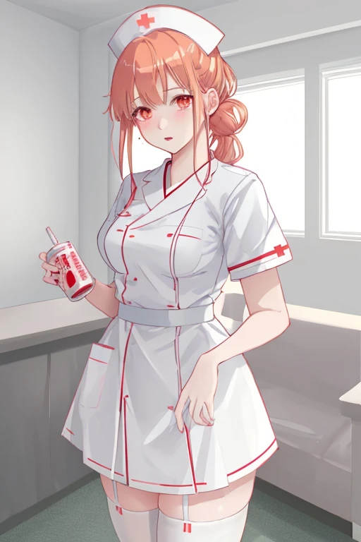 (best quality,ultra-detailed),Hinata in a nurse costume,white stockings,anime,cosplay,red high heels,aesthetic lighting,soft colors