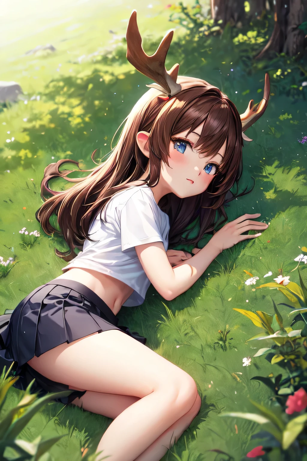 Anime style,  girl, moose girl, horns, moose horns, big horns, , wide horns, pine forest, 8k, brown hair, lying on the grass, short skirt, cute, shine in eyes, view from above, high quality, view from afar, side view, small mouth, white t-shirt, moose legs, 