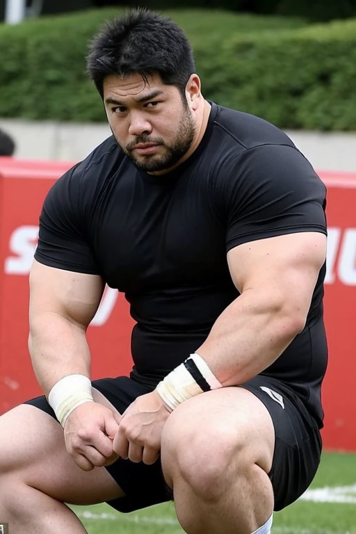 A large Japanese man wearing a tight black T-shirt、whole body、Rugby last week、Thick legs、Thick arm muscles、Intimidating、