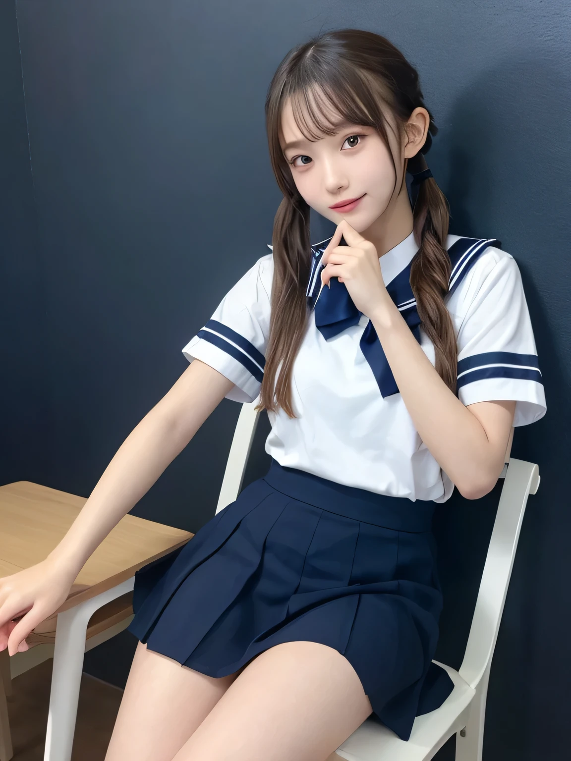 In detail,Full body photo、 One high school girl、High resolution, high quality、Slim body、Blonde、Perfect dynamic composition, Beautiful fine details, Blonde、Twin tails、Natural color lip,Kamimei、、Clear Skin、Short-sleeved sailor suit、Red mini skirt、Thighs、Shiny Hair、最high quality, figure, Very detailed, In detail, High resolution, 8k、The correct state of the human body、Sculpture model pose，Dark blue walls,Sitting in a chair、Thighs are visible、smile、
