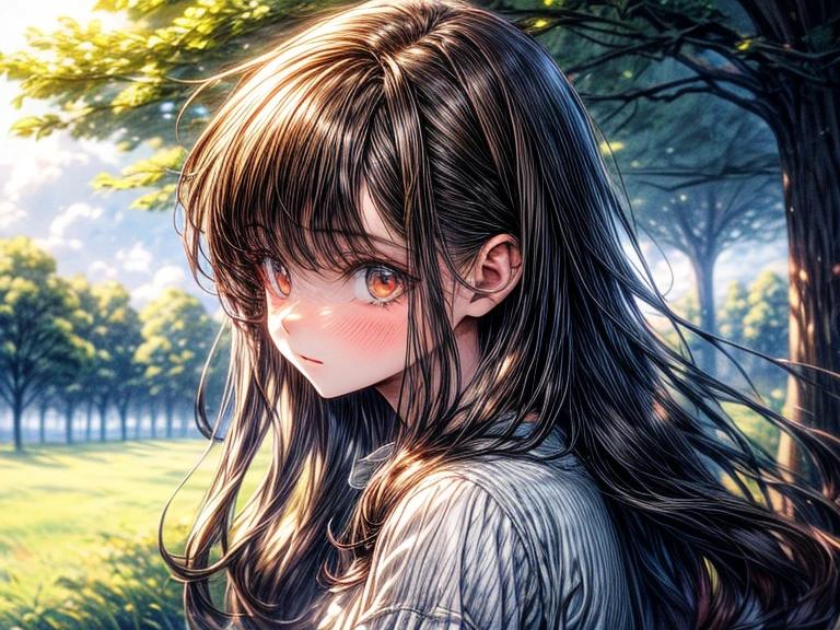 Beautiful and timid girl in 2D, cute and brown hair, listening to music in a grass and trees and the background that is blurred and that it is daytime with sun and relaxed atmosphere