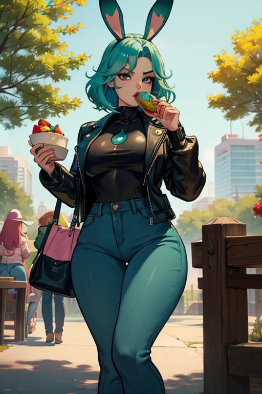 A light teal haired woman with one red eye and one green eye with an hourglass figure with light teal bunny ears wearing a leather jacket and jeans is eating lunch at the park