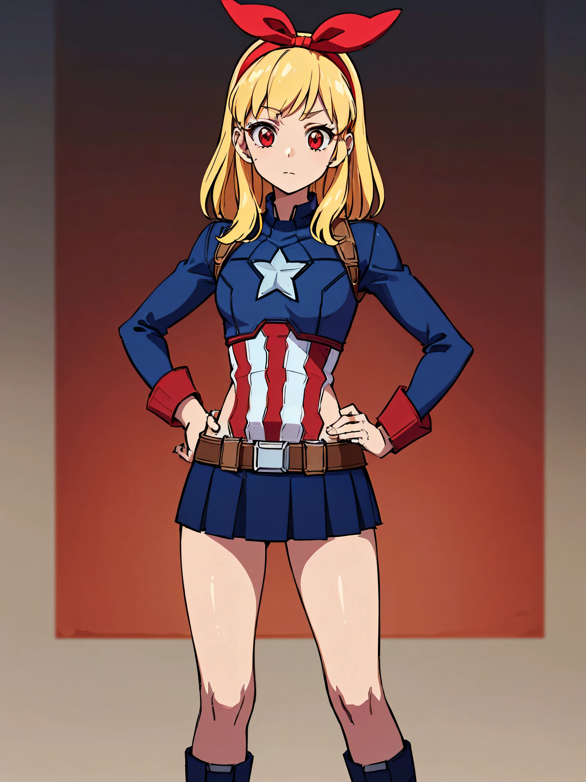 Blonde HAIR,(nsfw:0.7),(RED Ribbon on HAIRband:1.2),(Masterpiece, Superb Quality, Super Detailed, High Resolution), Female Focus, , (Captain America Suit), (Hands on Hips), (((Solo))), School, Background Detail, Full Body