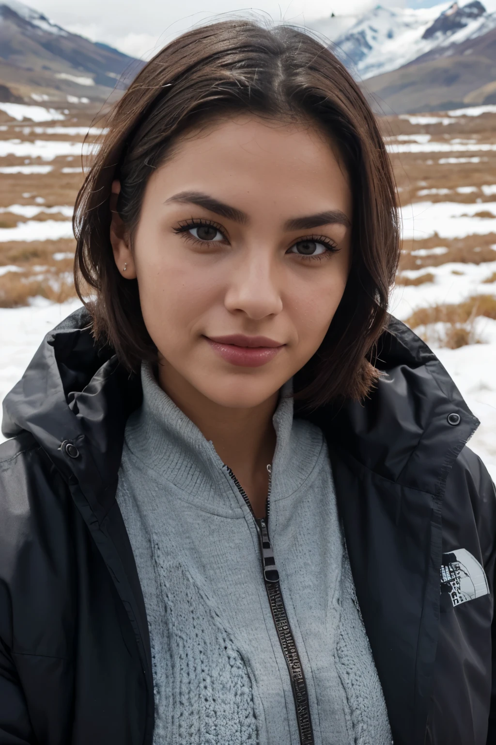 Christen Harper con una hermosa cara madura, tez oscura, short hair tied back, cejas grandes y tatuadas, Mirando directamente al espectador, brunette, senos extra grandes Representado de manera realista, usando una chompa impermeable north face para el frio que complementa su color de cabello, mostrando sus hombros y cuello, voluptuosa, con un bronceado acentuado y joyas elegantes, lipstick staining her lips, nariz definida, sonriendo, en el nevado Cotopaxi