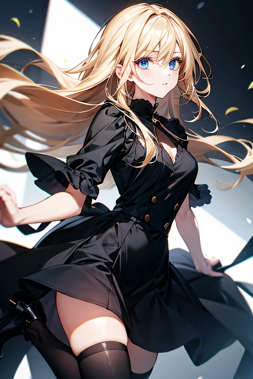 1girl, blond hair, blue eyes, dress, (solo:1.3), whole body, black stockings,
