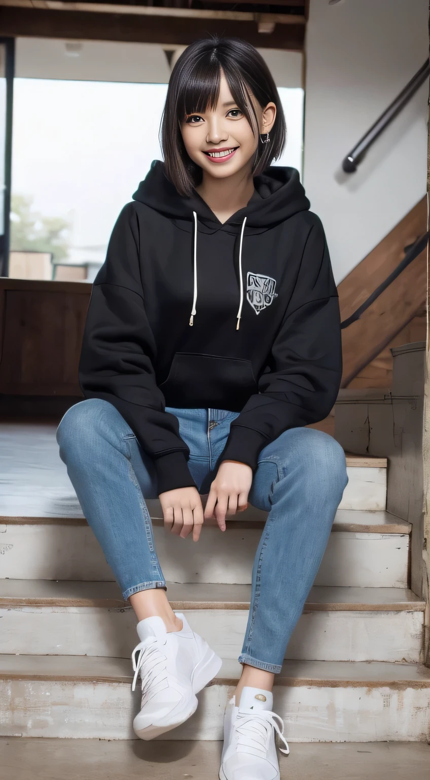 highest quality, Realistic, Very detailed, Finer details, High resolution, 8k wallpaper, One beautiful woman,Sit on the stairs、(Wear black socks)smile、(Beautiful teeth alignment、)(Gums are visible) Oversized hoodie, Skinny jeans,( Black sneakers)、Black Hair、 Beautiful Bangs、ear piercing、Perfect dynamic composition, Beautiful and detailed, Full Body Shot, A big smile