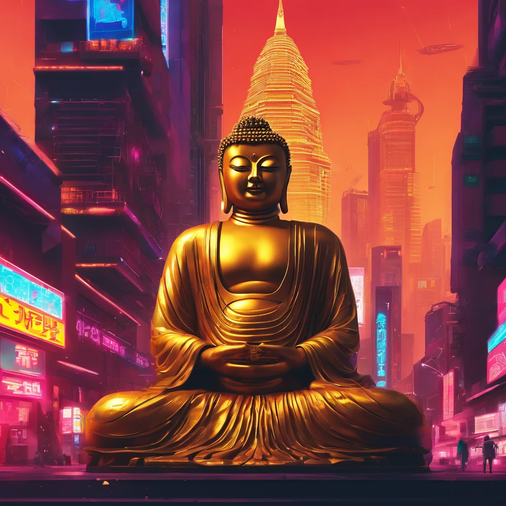 A large golden Buddha statue is taller than the buildings in the middle of the city.