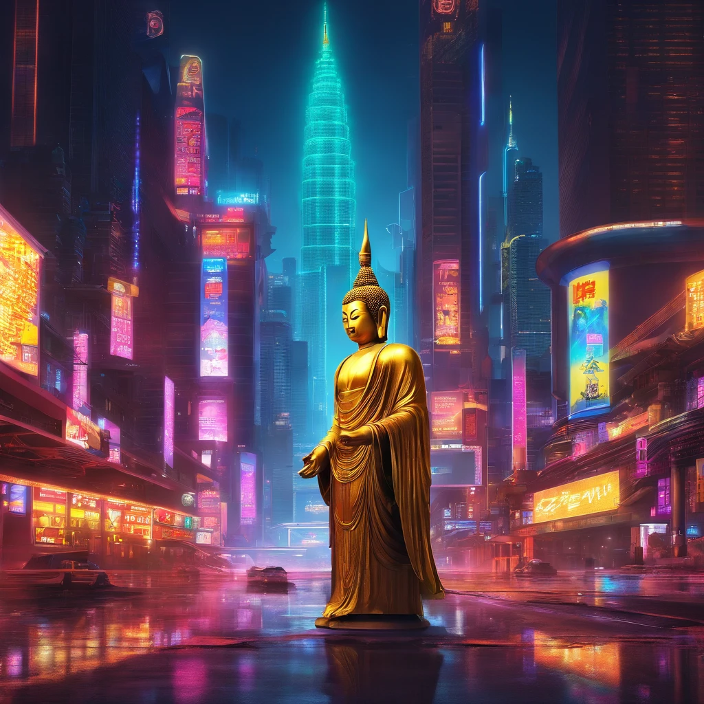 A large golden Buddha statue is taller than the buildings in the middle of the city.