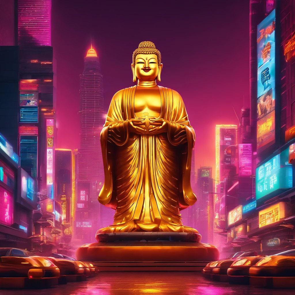 A large golden Buddha statue is taller than the buildings in the middle of the city.
