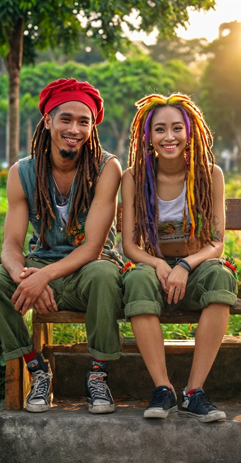 Masterpiece, above, very realistic, very detailed, original photo, Indonesian couple, beautiful woman smiling with typical reggae dreadlocks with colorful hair clips wearing long cargo pants and a handsome smiling man with typical reggae dreadlocks, wearing short cargo pants , they cosplay wearing typical reggae outfits, they sit on a park bench in the afternoon, the setting sun seems to shine on them making the atmosphere romantic and warm, full body, frontal, facial details, hand and finger details, outfit details, very detailed description, detailed garden scene, ultraHD 32K resolution, HDR, 800mm lens, realistic, hyperrealistic, photography, professional photography, immersive photography, ultra HD, very high quality, best quality, HDR photo, photo focus, original photo, ultra sharp, nature photo, masterpiece , award winner, shot with hasselblad x2d.
