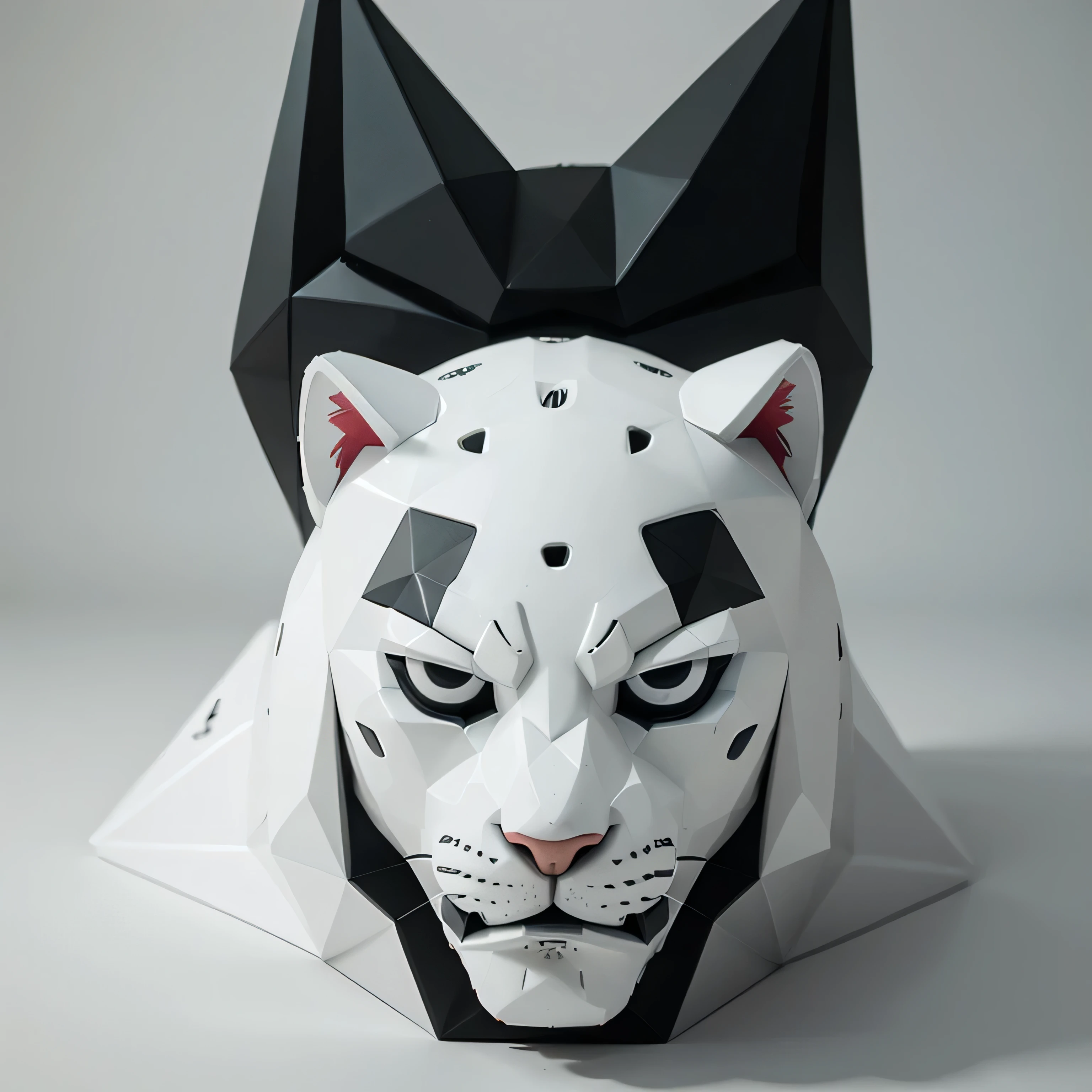 Create a 3D polygonal jaguar in white with a not-so-friendly expression and a crooked king&#39;s crown on its head. Make sure the jaguar has an imposing stance and the crown adds a touch of arrogance to your look. Garanta que os detalhes da face, como os olhos e a boca, convey a sense of disdain or discontent. Adjust the lighting to highlight these features and highlight the jaguar&#39;s majestic nature. The final model must convey a mix of nobility and menace.