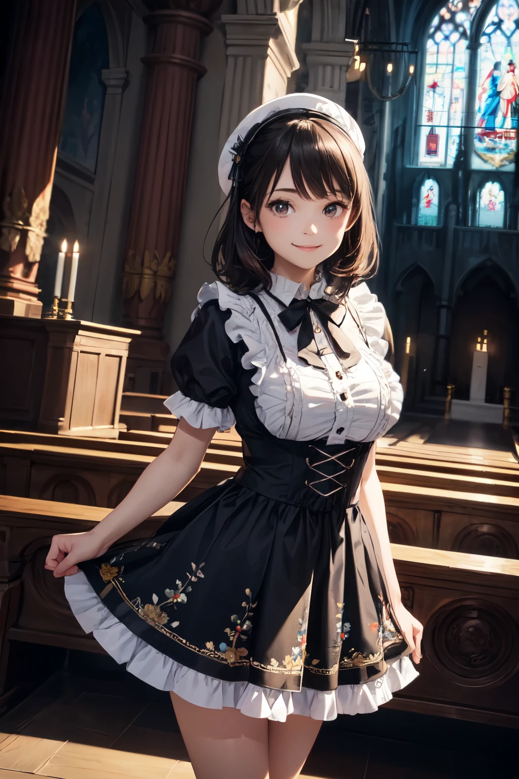 very cute and beautiful girl,(highly detailed beautiful face and eyes),(smile:1.2),
black hair,looking at viewer,arms behind back,beautiful legs,cowboy shot,
floral pattern brown lolita dress with detailed frills, altar,church,indoors,
(best quality,masterpiece),absurdres,highres,ultra-detailed,extremely detailed,32k,8k resolution,
intricate details,cinematic scene,detailed background,solo,dynamic angle,