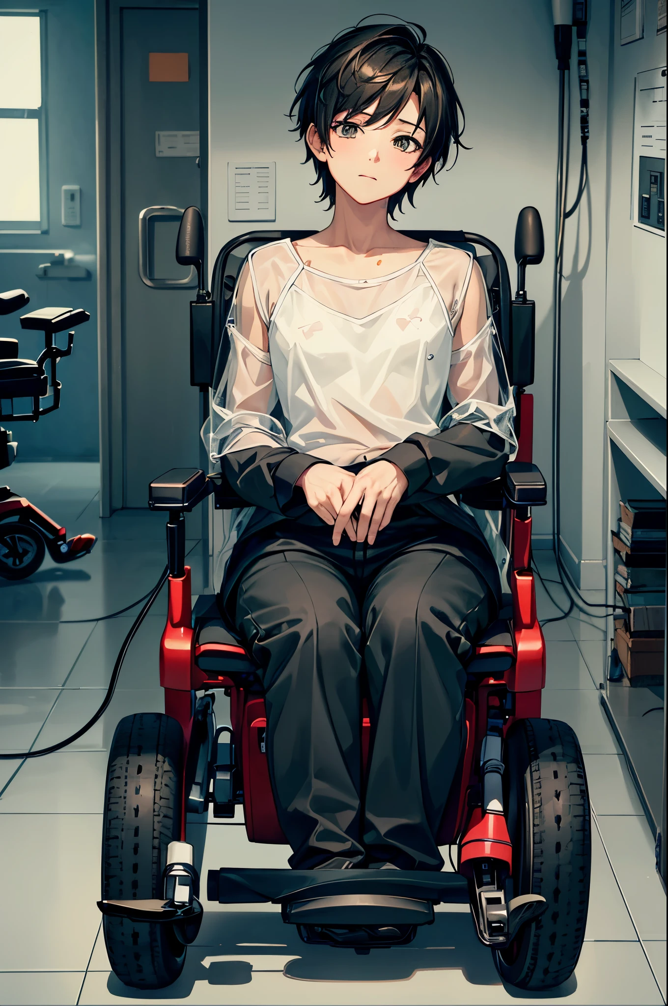 (Super detailed, realistic), Hospital scene, [Moderate:oil], [Professional:1.1], [Physically based rendering], [Bright colors], [sharp focus], [studio lighting], [extreme details], [highest quality,4k,8K,high res,masterpiece:1.2],(focus on upper body),inside the house,inside the room,((1 boy aged 18,femboy,trap)),flat chest,(short black hair),(dark), [nervous eyes],(see-through-mesh-tops,shorts,boots),((ride in an electric wheelchair)),((operate a power wheelchair))