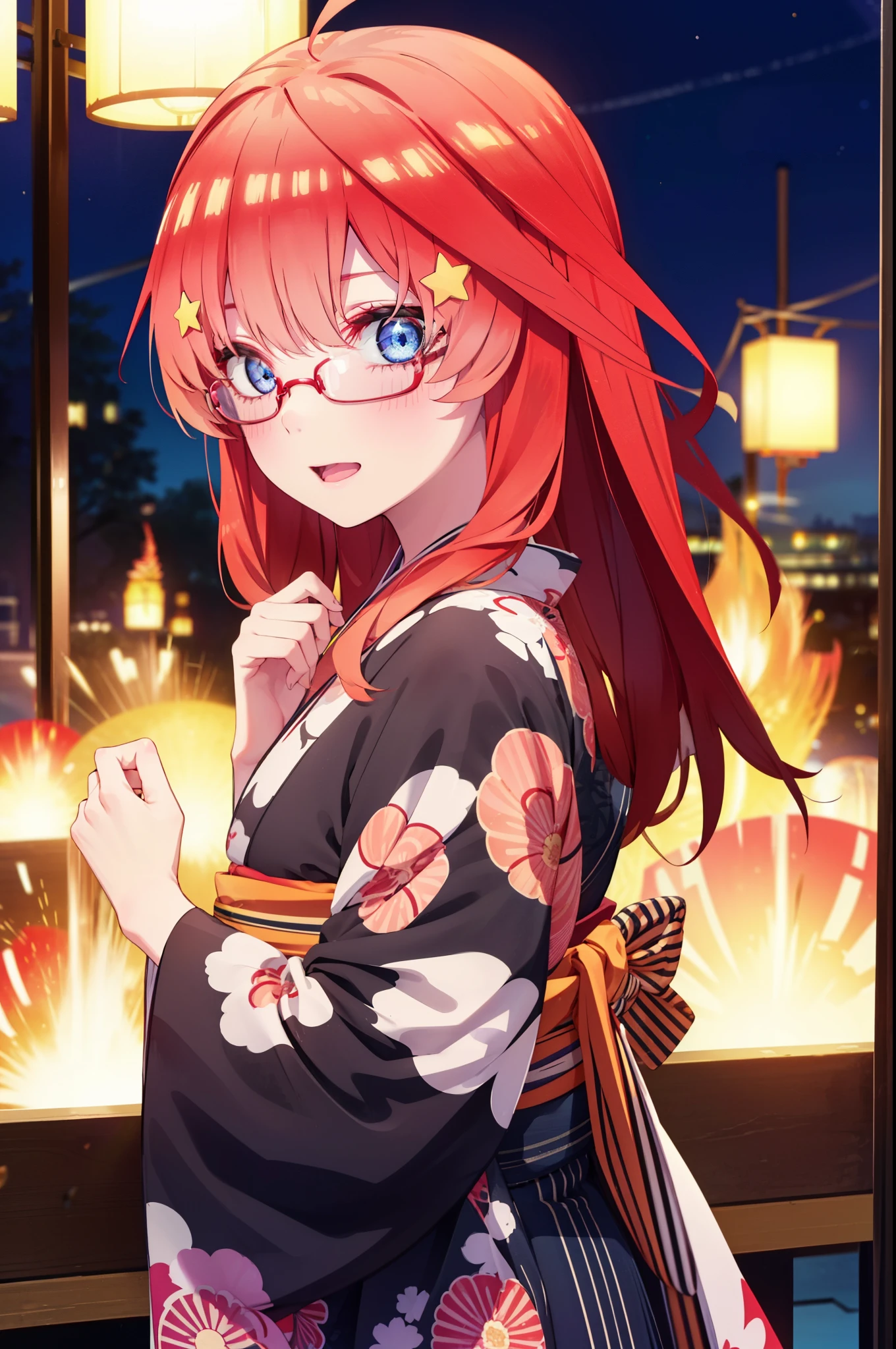 itsukinakano, Itsuki Nakano, bangs, blue eyes, Hair between the eyes, Ahoge, Redhead, star \(symbol\), hair ornaments, star hair ornaments,Akagi Glasses,smile,blush,Happy atmosphere,Open your mouth,Long Hair,Tie your hair back,red kimono,Thick sleeves,Sandals,White tabi,night空の花火,Fireworks display,Japanese Festivals,Summer festival food stalls,Red Lantern,night,イラストにwhole bodyが入るように, night
break outdoors, shrine,                                              break looking at viewer,whole body,
break (masterpiece:1.2), highest quality, High resolution, unity 8k wallpaper, (shape:0.8), (Beautiful and beautiful eyes:1.6), Highly detailed face, Perfect lighting, Extremely detailed CG, (Perfect hands, Perfect Anatomy),