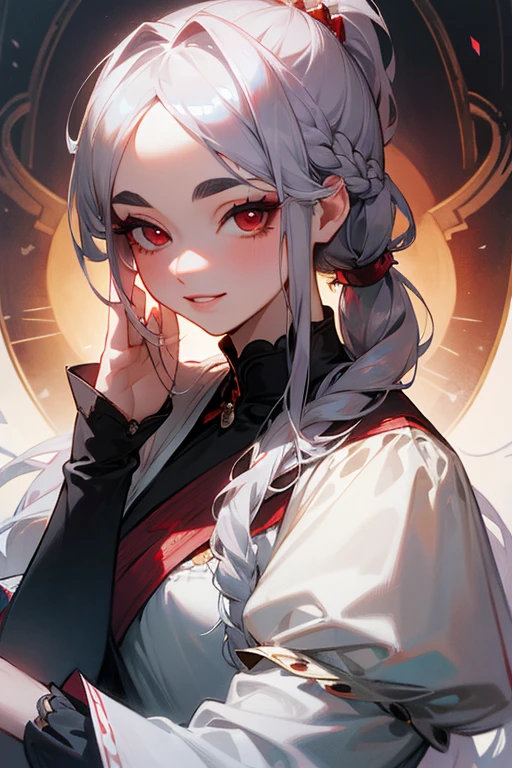 (highest quality, masterpiece:1.2), High resolution, 最高masterpiece、Very detailed, Realistic:1.37, Fantasy, An illustration,Gray Hair、 Red eyes、Queen, White Dress、Platinum decoration、beautifully、Eyeshadow Red、Thick eyebrows、Long eyelashes、pupils are black、shiny on the lips、Top Sites、Queen、Princess、ponytail、A kind smile、Show your teeth a little and smile、Soft impression、people々々々々々Loved by、Slimming the face、Shoulder Bare、sexy、Learn more、Braid、